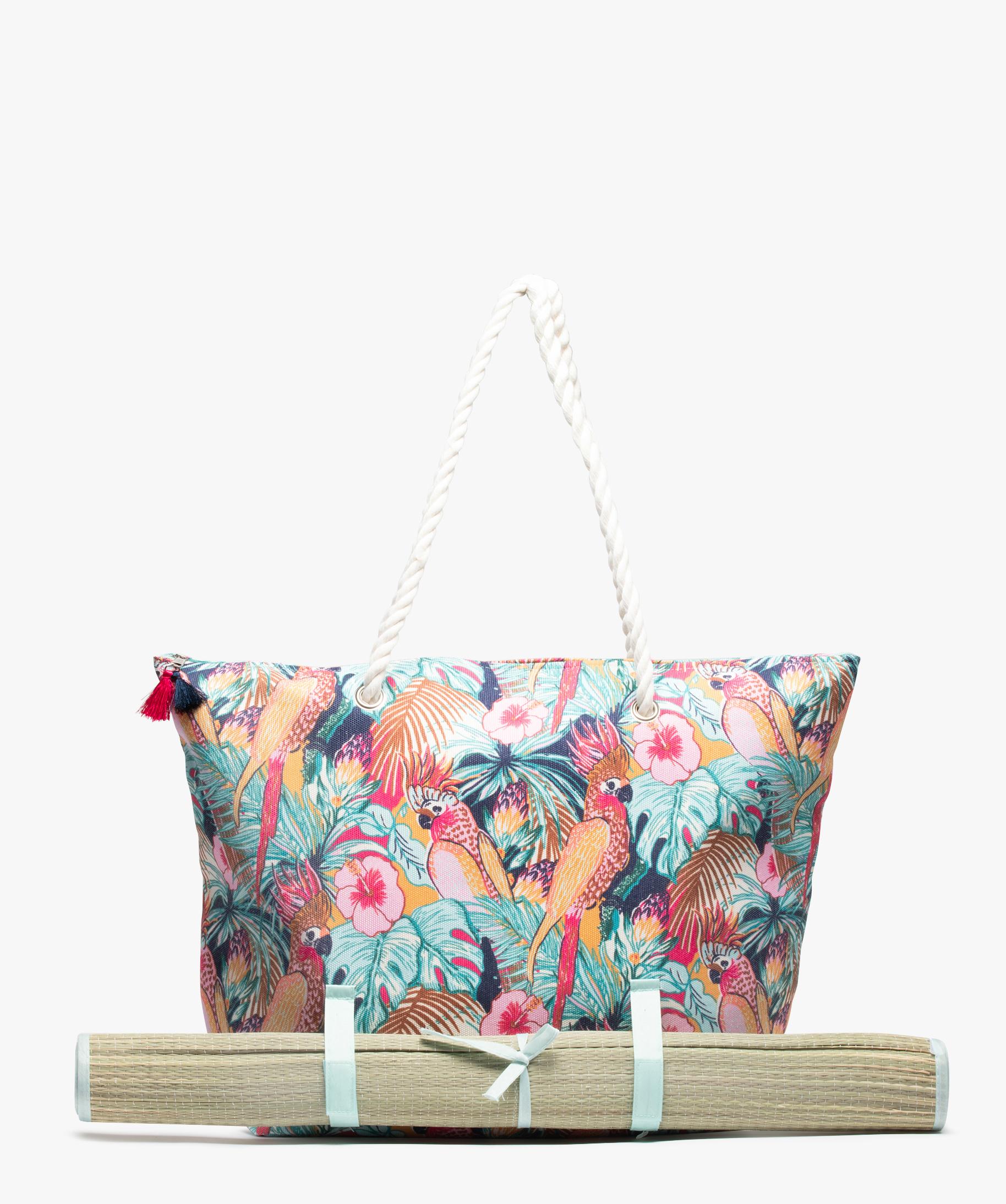 Sac de plage femme motif perroquets avec natte integree