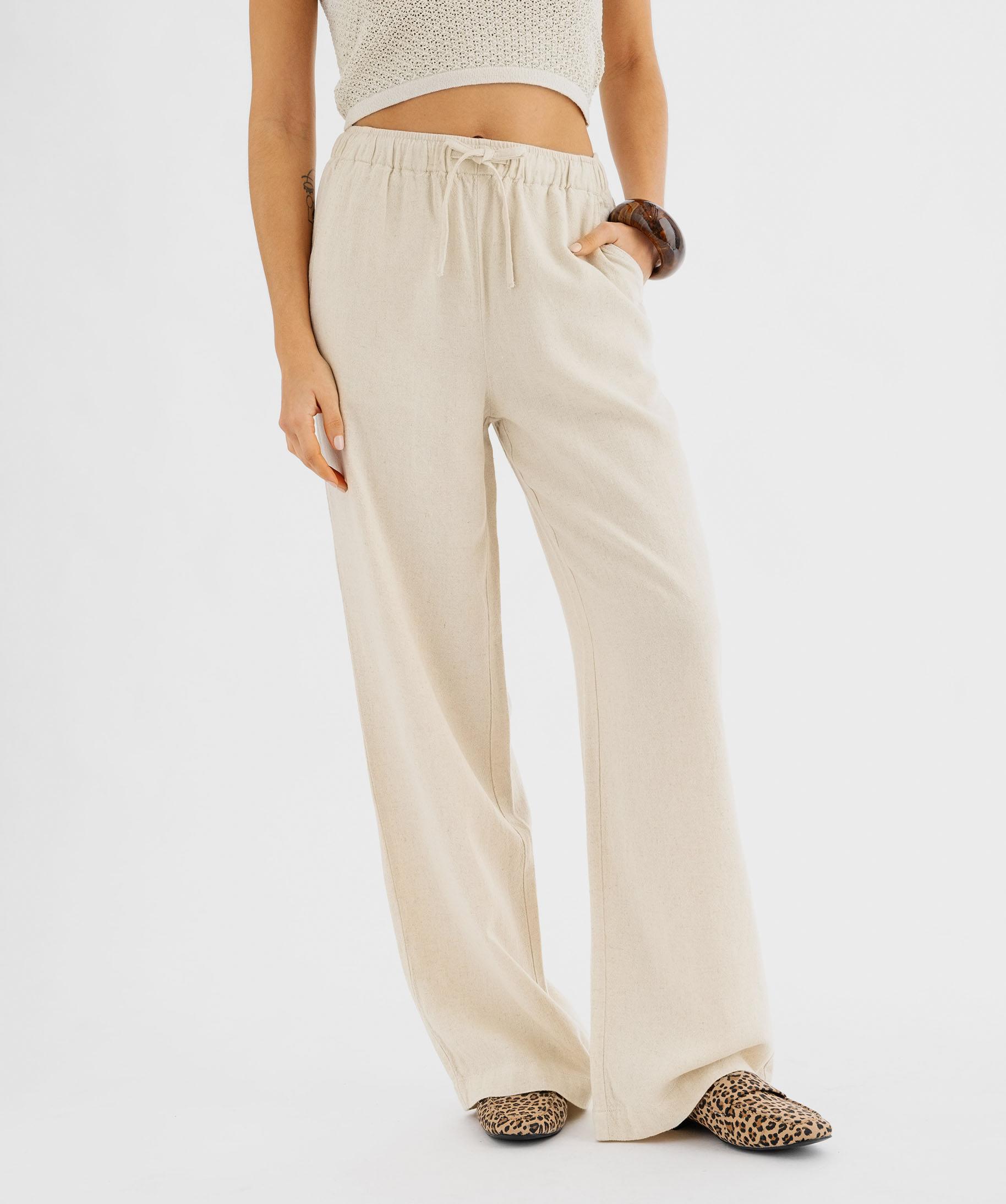 Pantalon large en viscose et lin avec taille élastiquée femme
