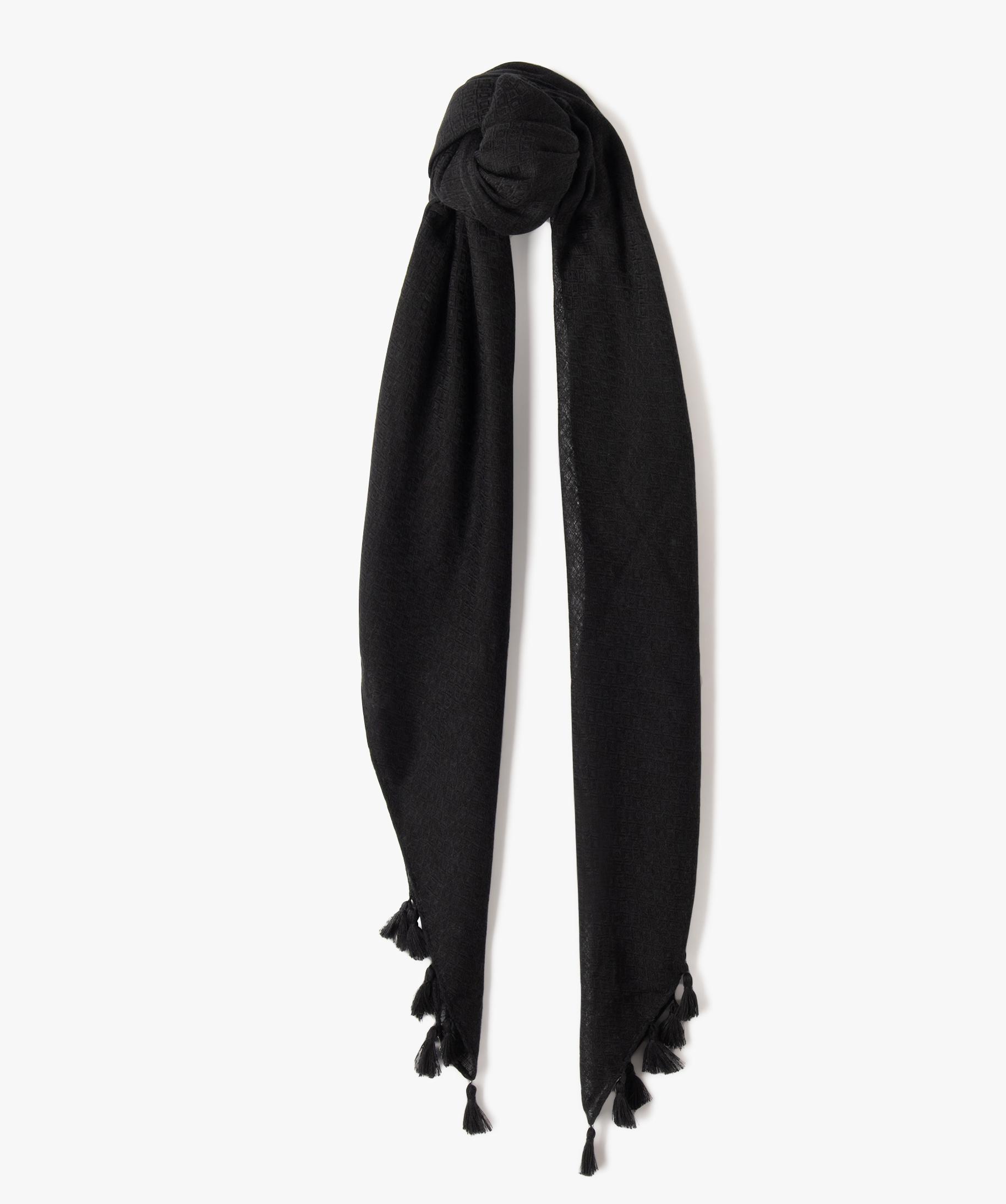 Foulard femme uni en maille texturee et finitions pompons noir GEMO