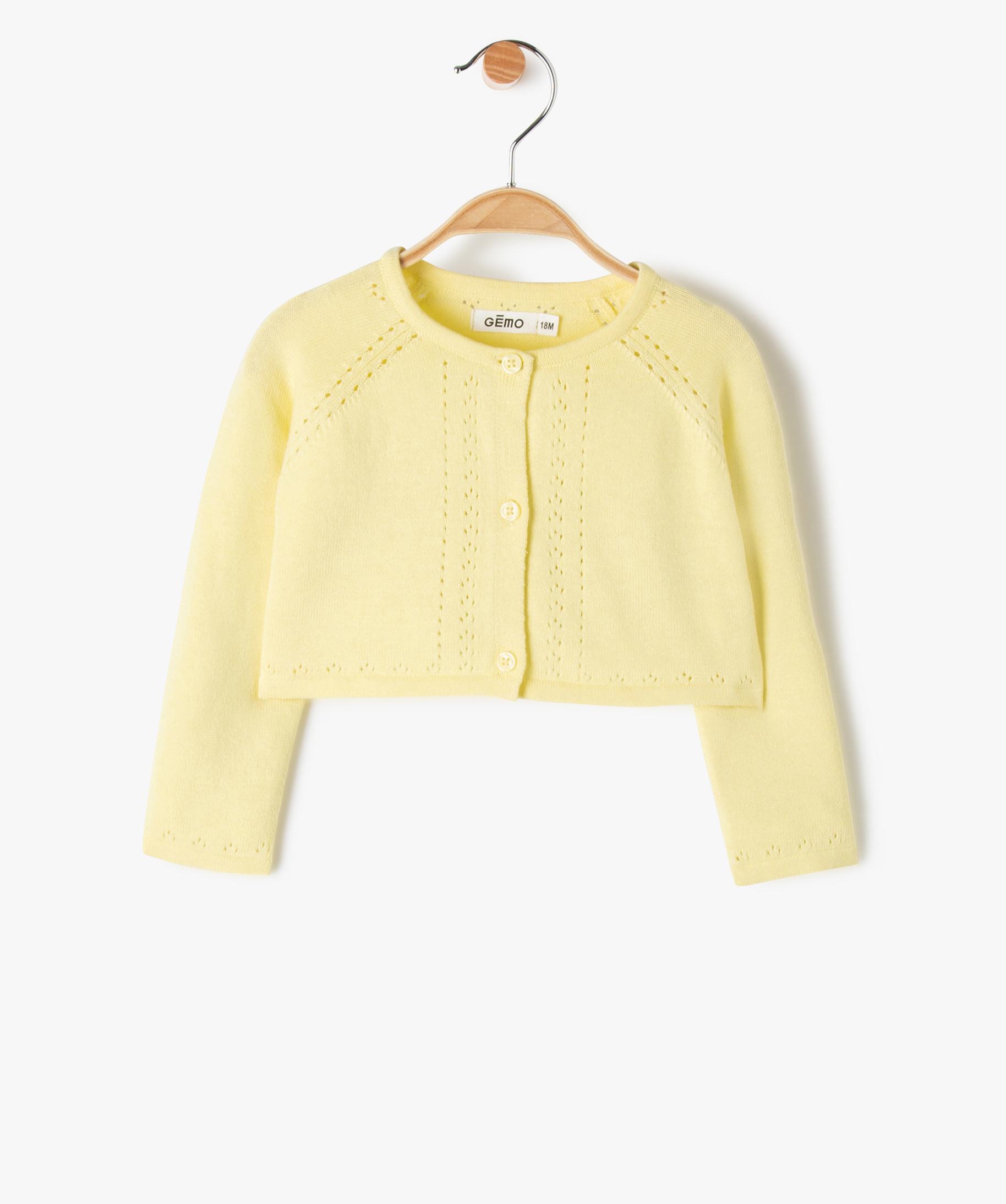 Gilet b b fille court maille ajour e jaune GEMO