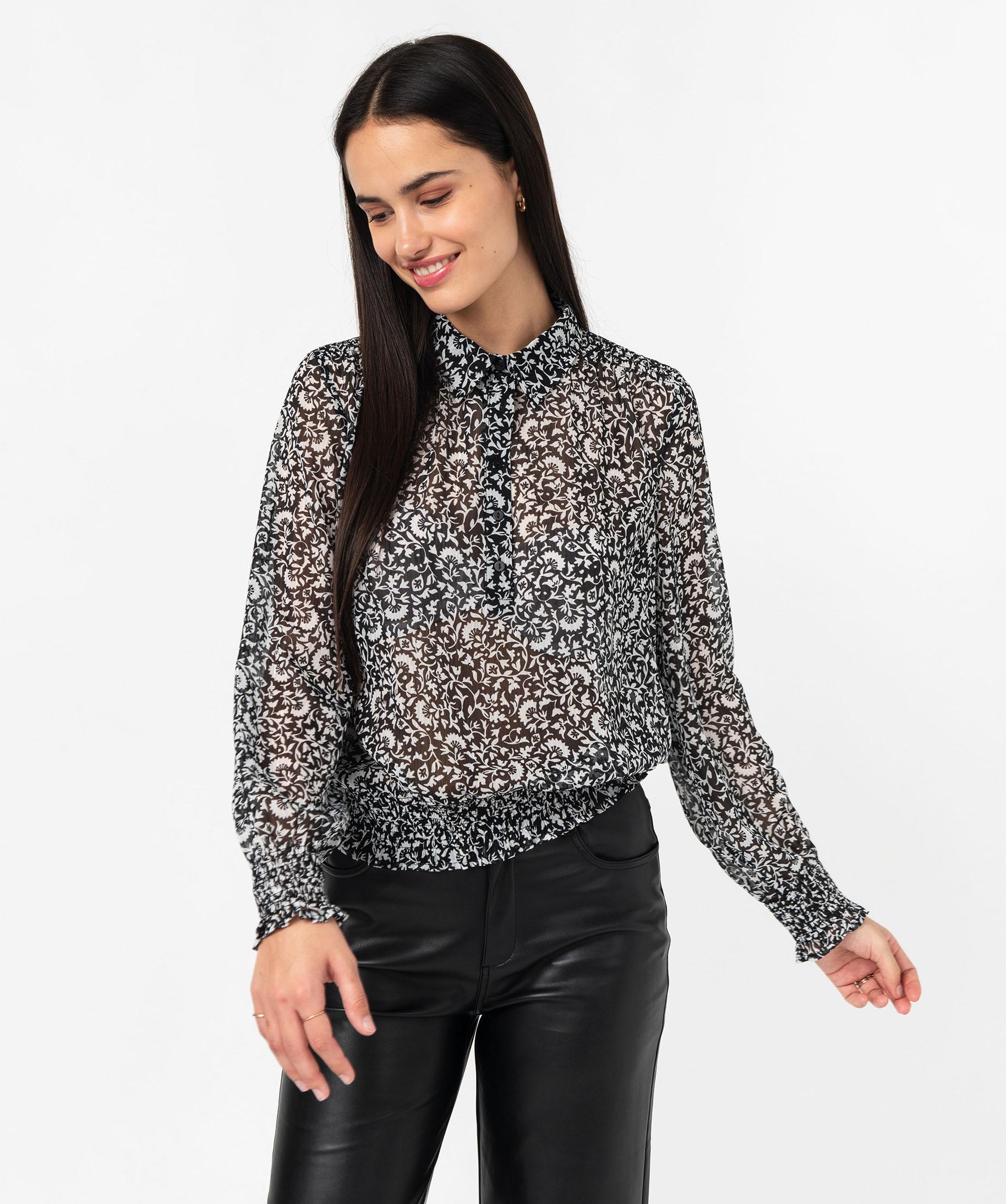 Blouse Femme Manches Longues Cache Cache - Taille M - Viscose Fluide Bleu Et Blanc - Occasion Très Bon état
