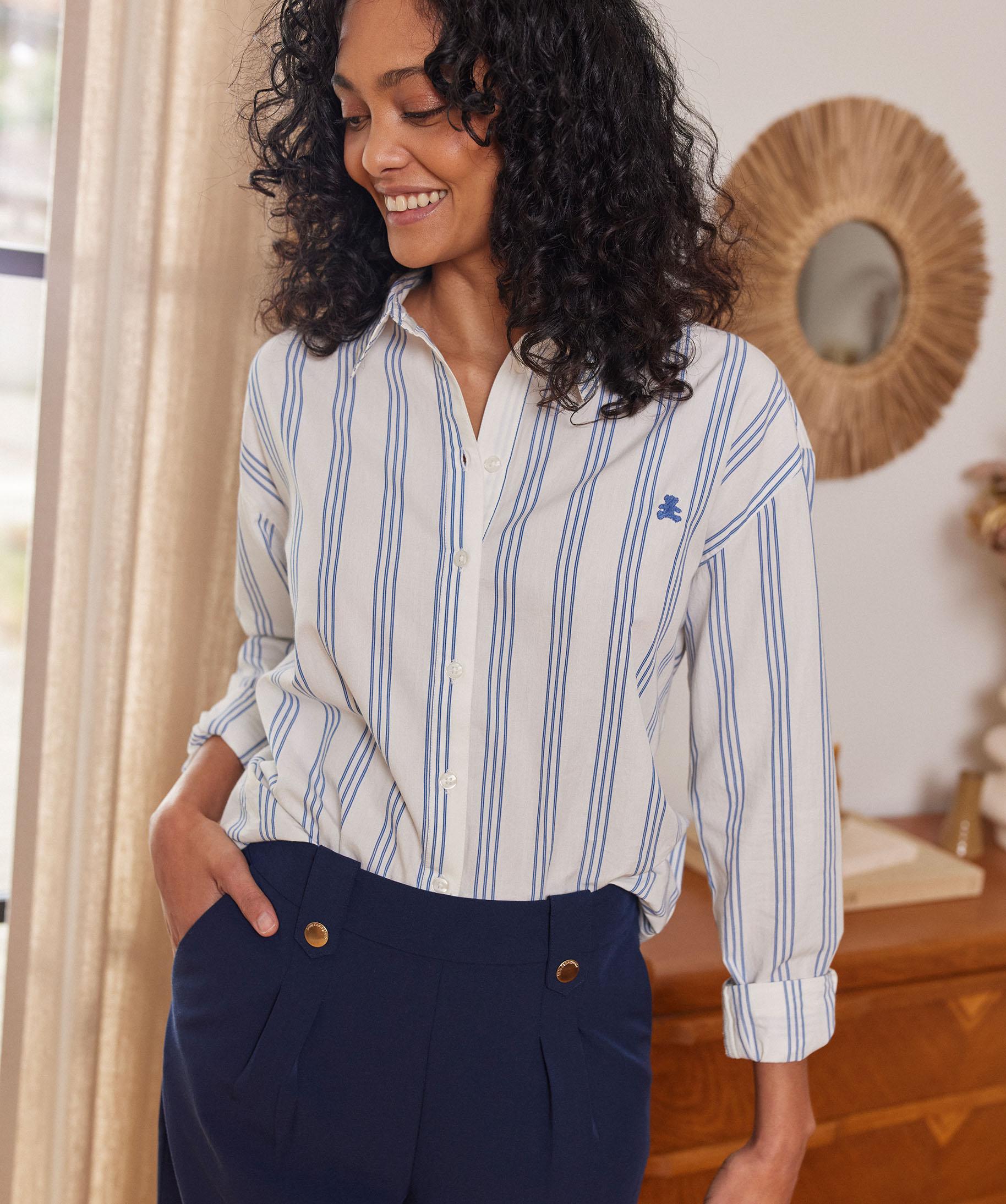 Chemise en lin marine à rayures bâtons – Eden Park
