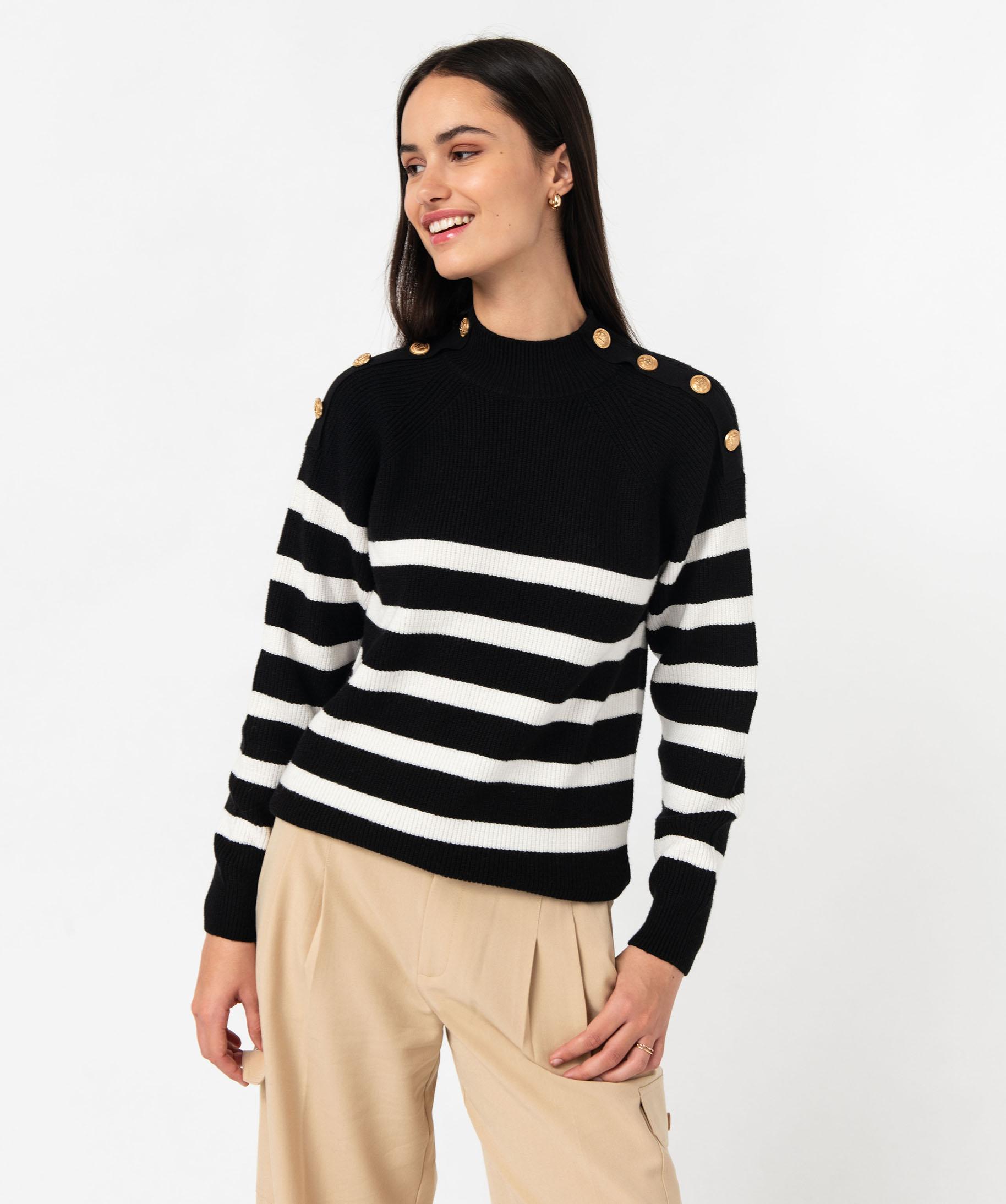 Pull ray?� avec boutons sur les ?�paules femme jaune fonce | GEMO