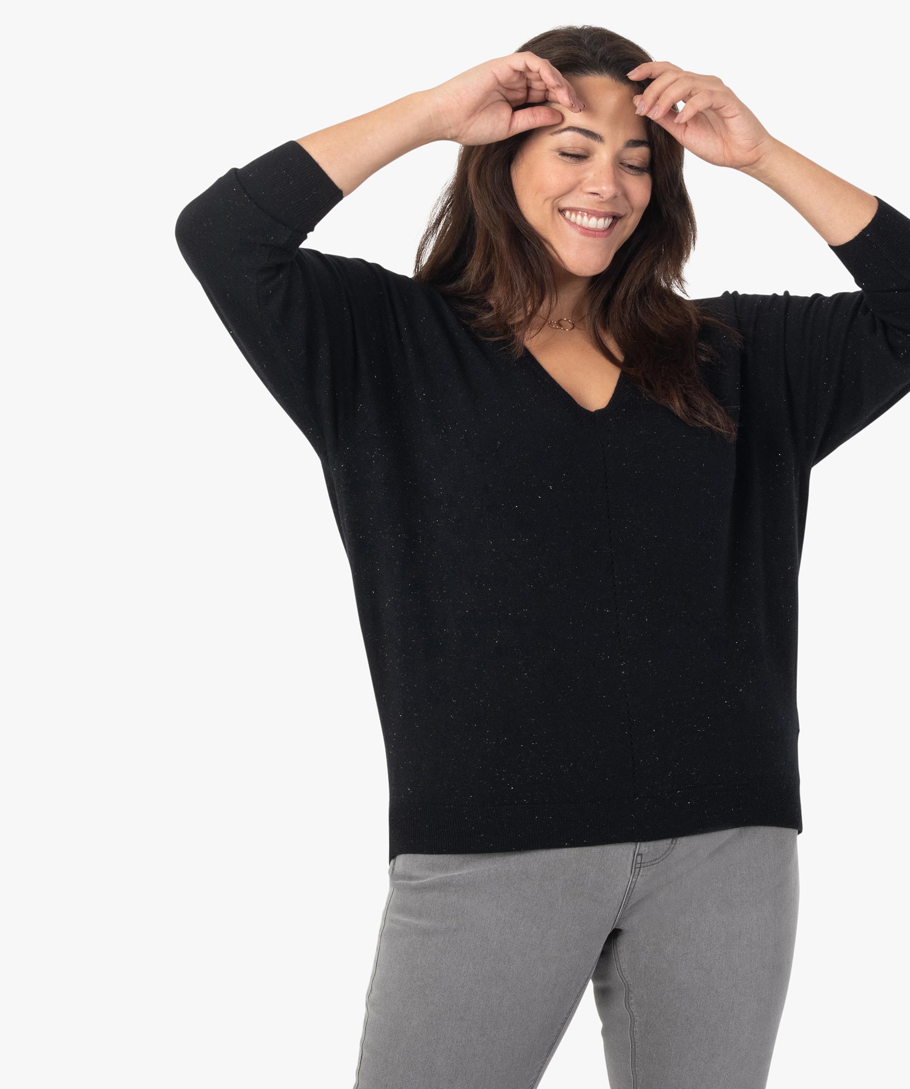 Pull femme grande taille col V avec fines paillettes noir GEMO