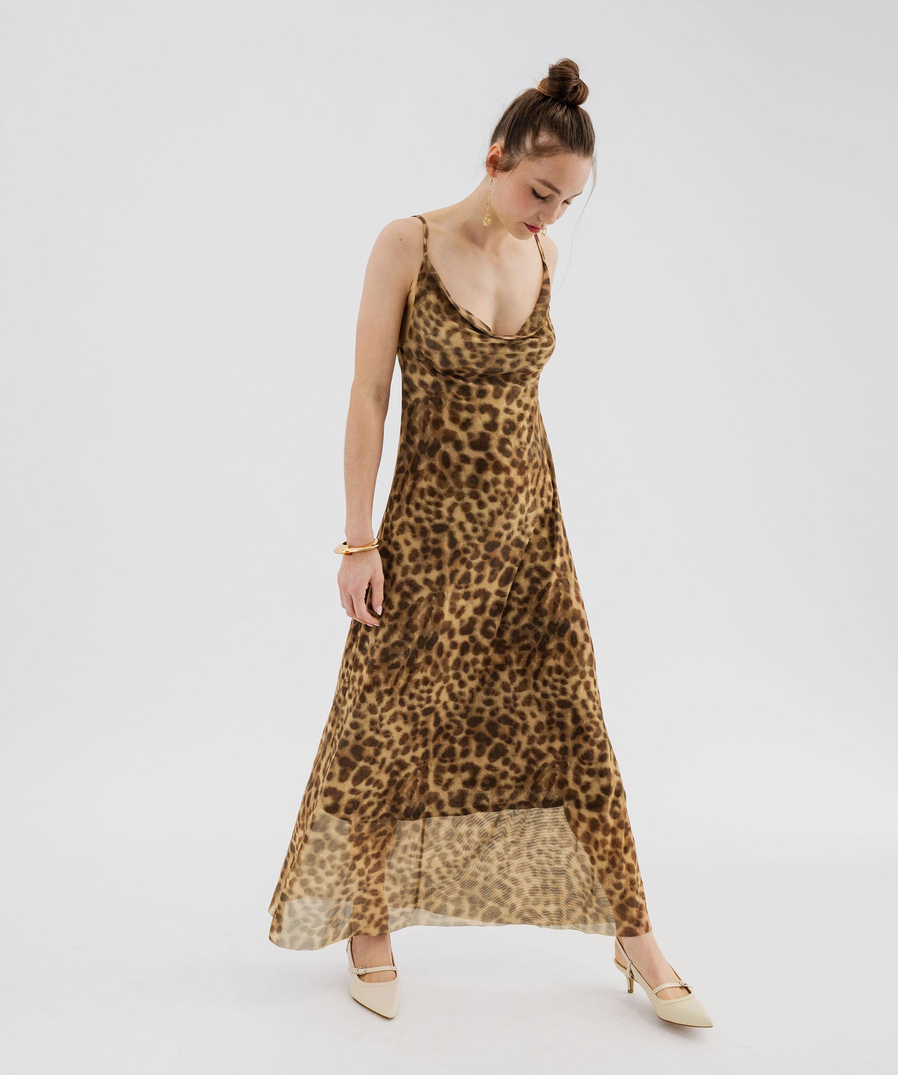 Robe longue à fines bretelles en maille imprimée femme marron clair | GEMO
