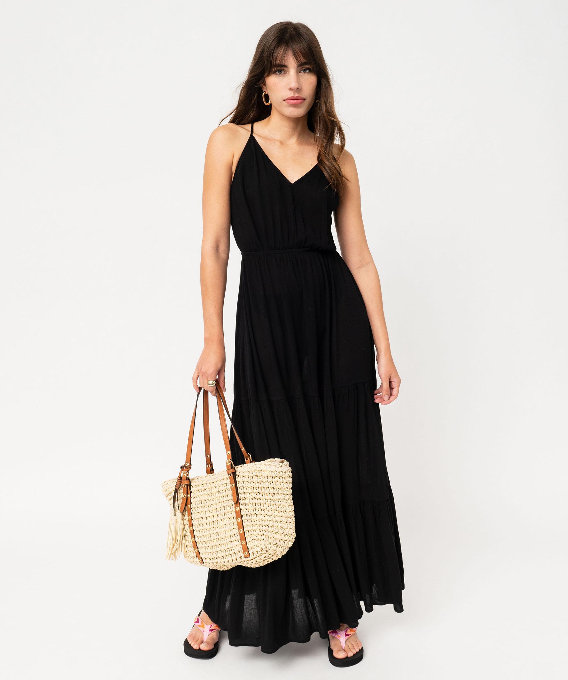 Robe de plage a fines bretelles et volants femme noir GEMO