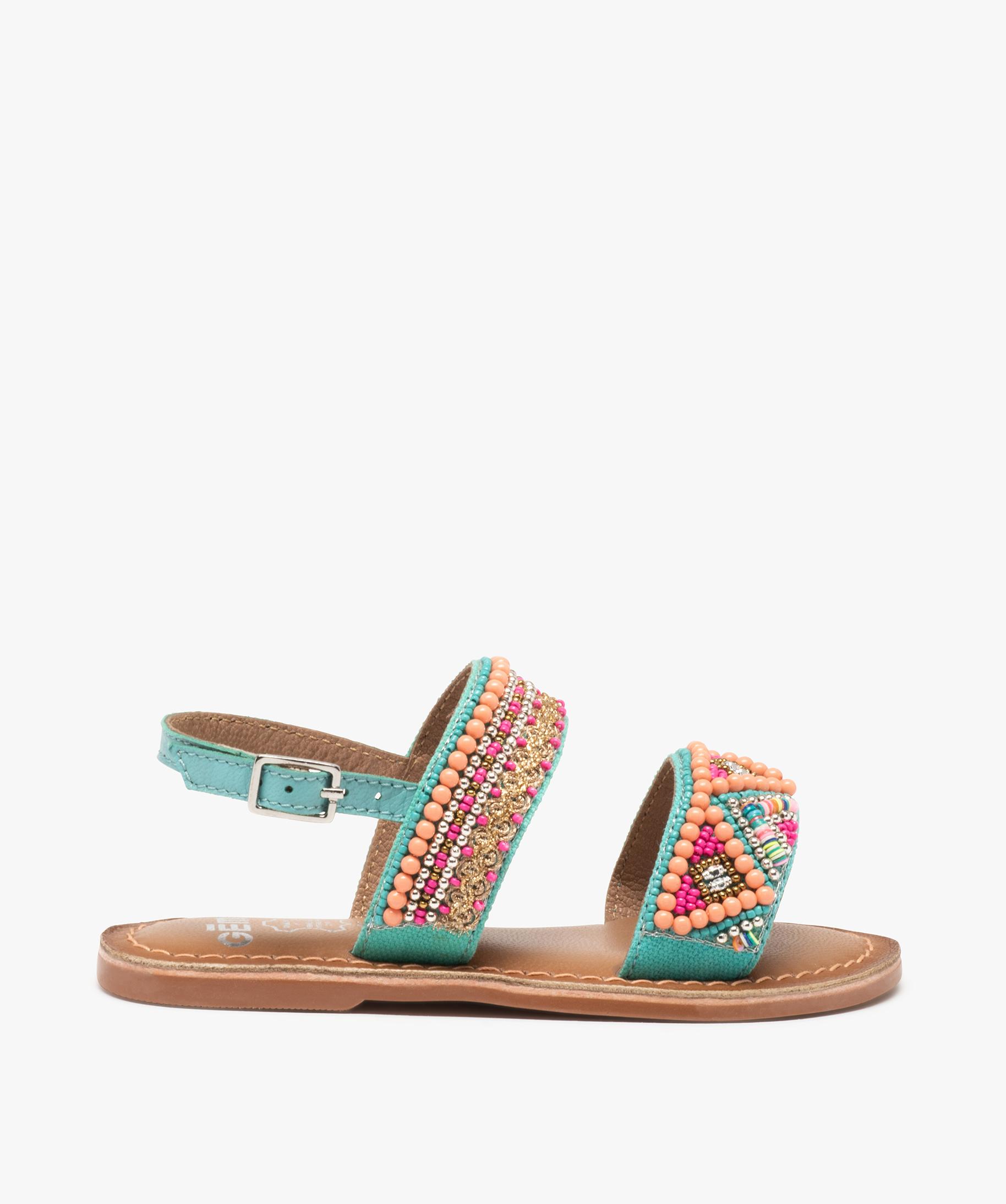 Sandales fille interieur cuir ornees de perles multicouleur GEMO