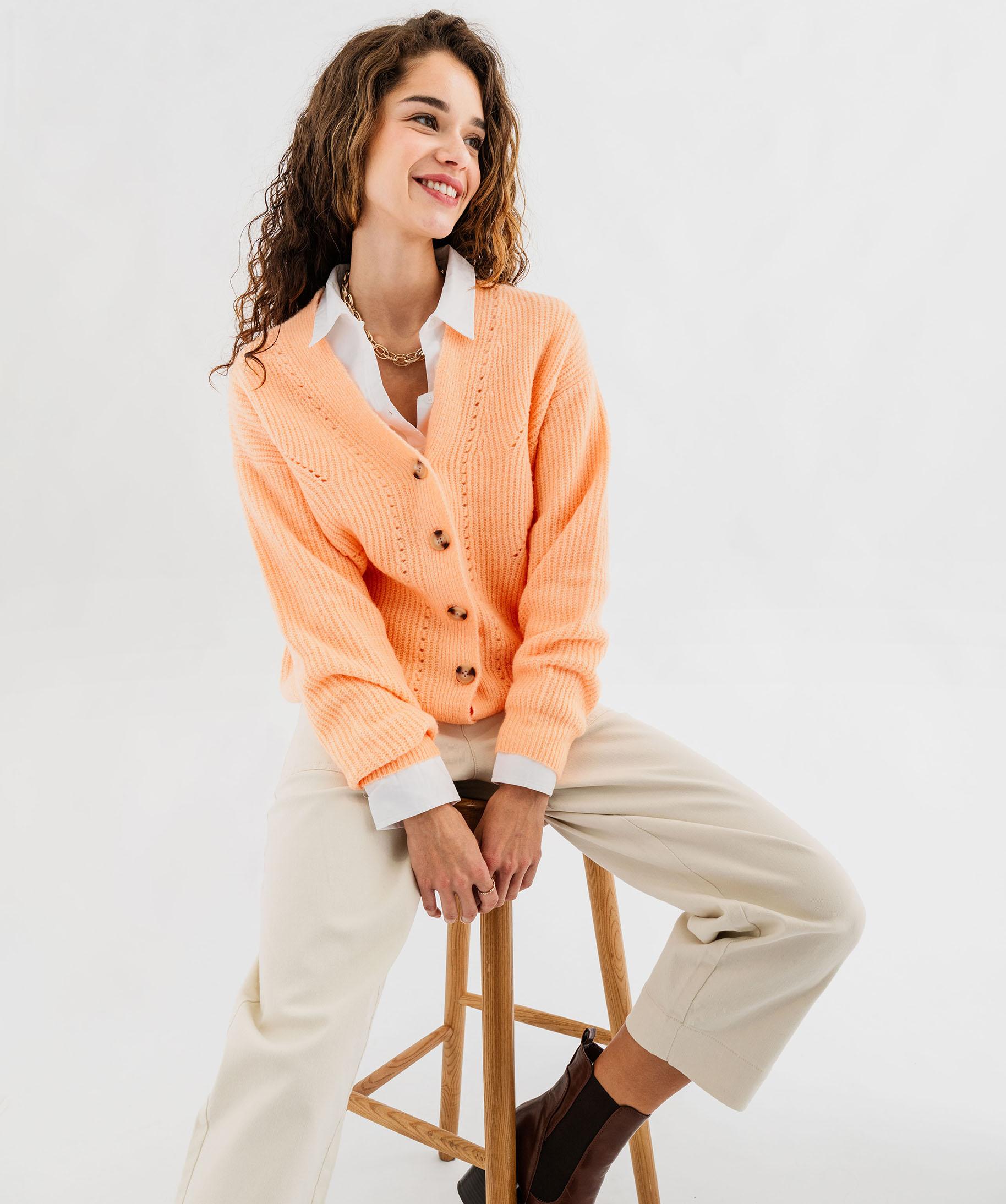 Gilet col V en maille ajourée femme orange | GEMO