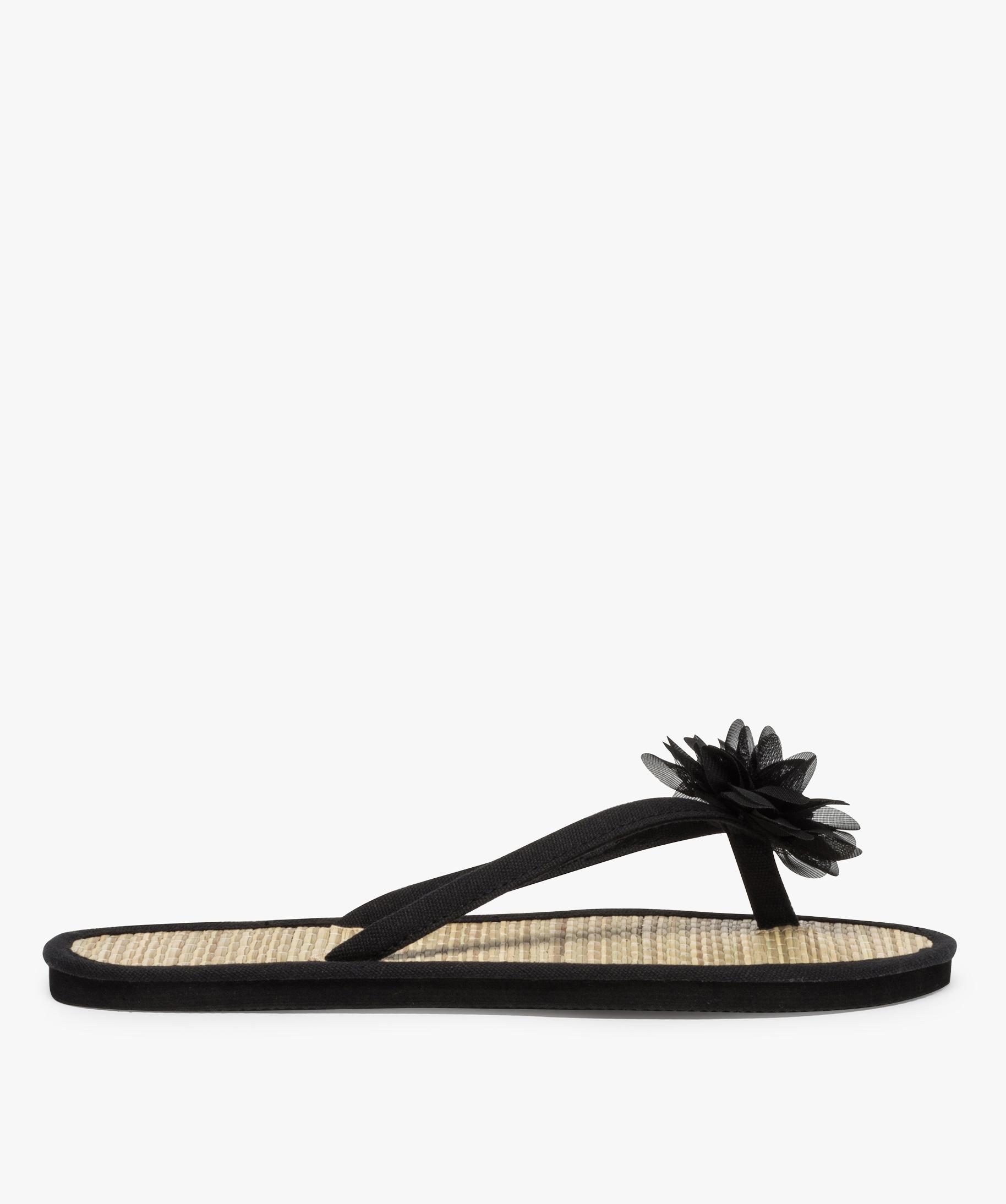 Tongs femme avec fleur en tissu et semelle en paille beige GEMO