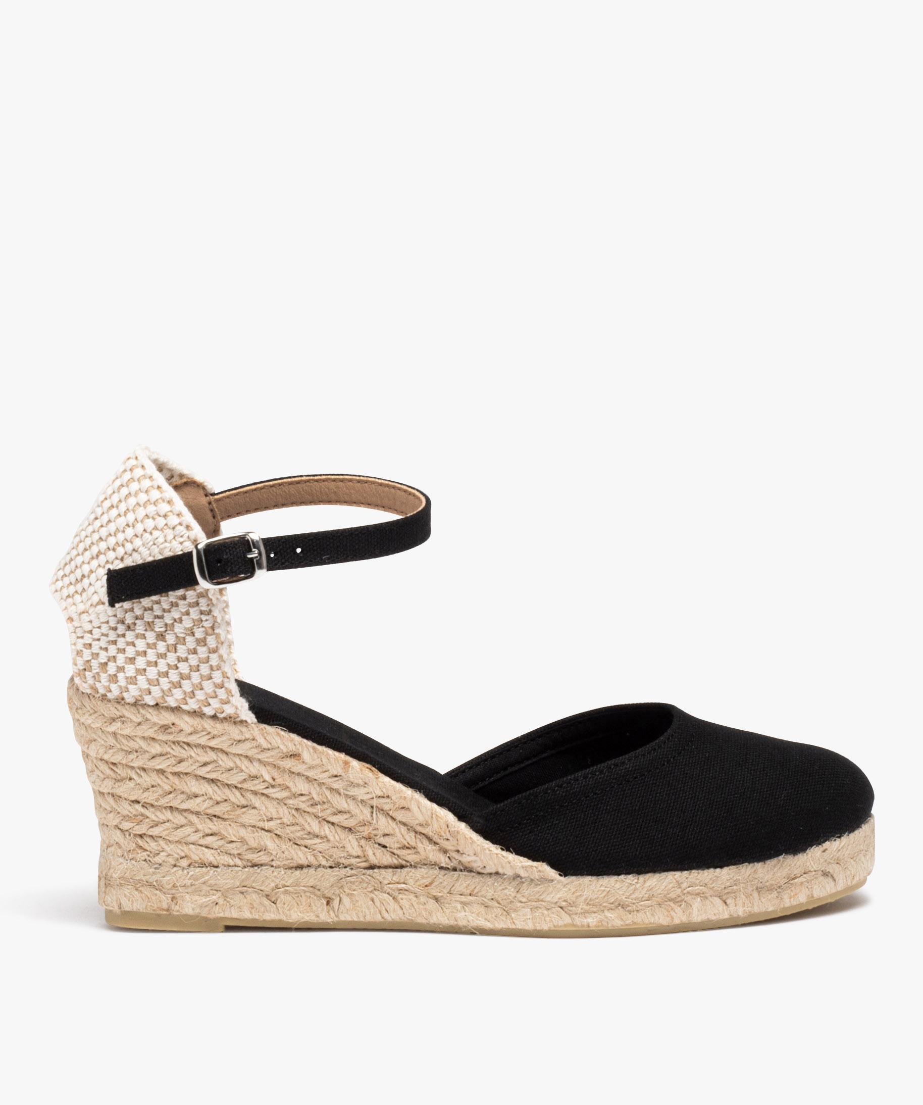 Espadrilles femme a talon compense et dessus en toile unie noir GEMO