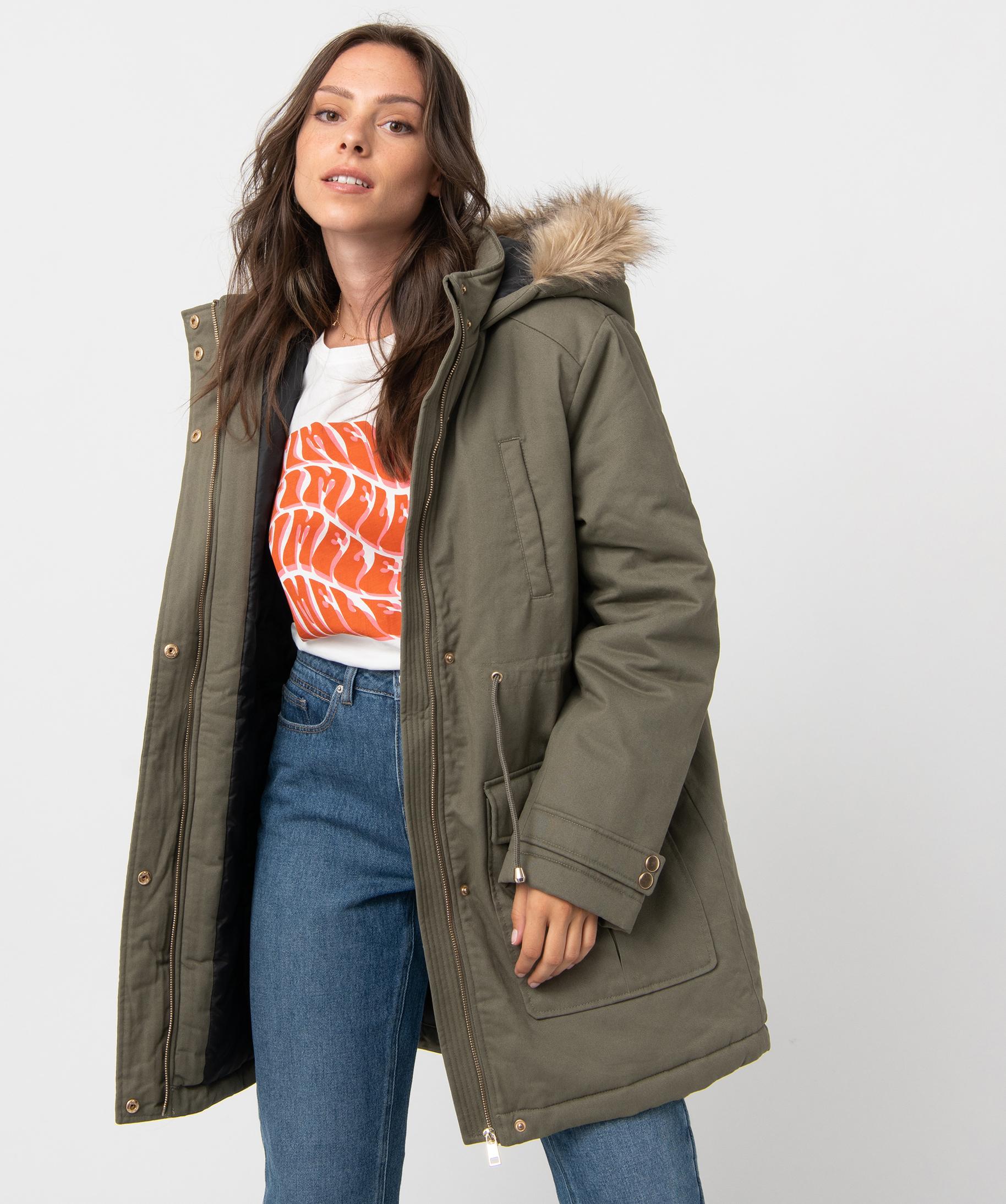 Parka femme avec capuche borde de fourrure imitation kaki GEMO