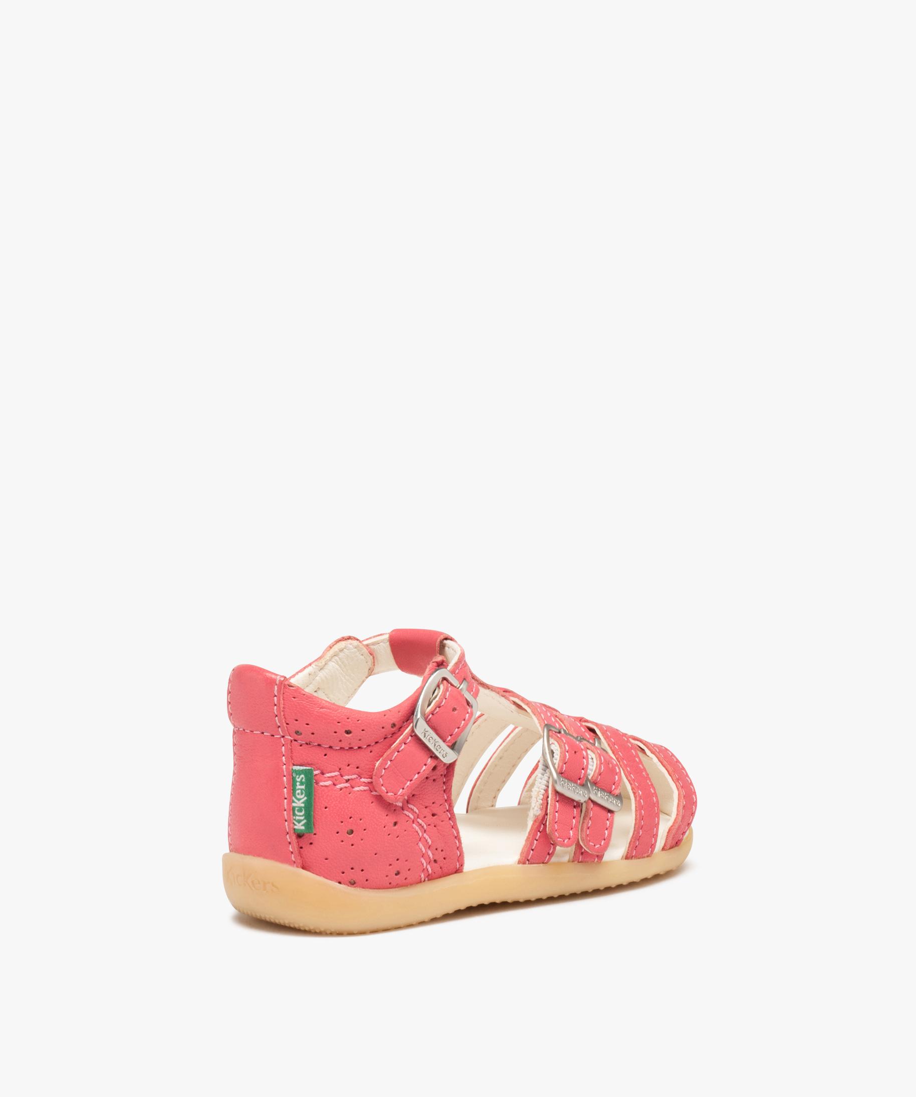 Sandales bébé fille en cuir uni avec brides à boucle rose