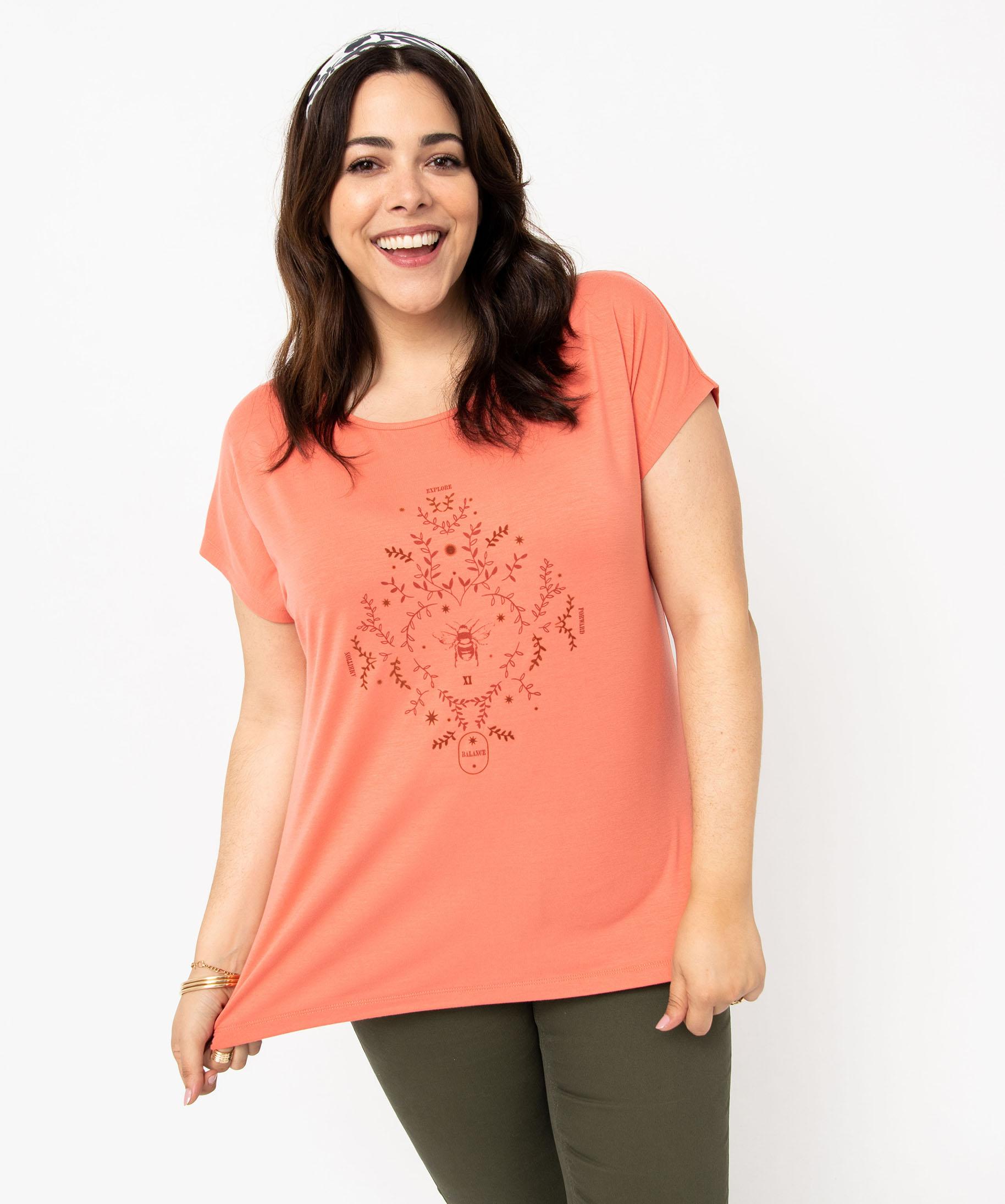 Tee-shirt femme grande taille ?� manches courtes avec motifs col assor | GEMO