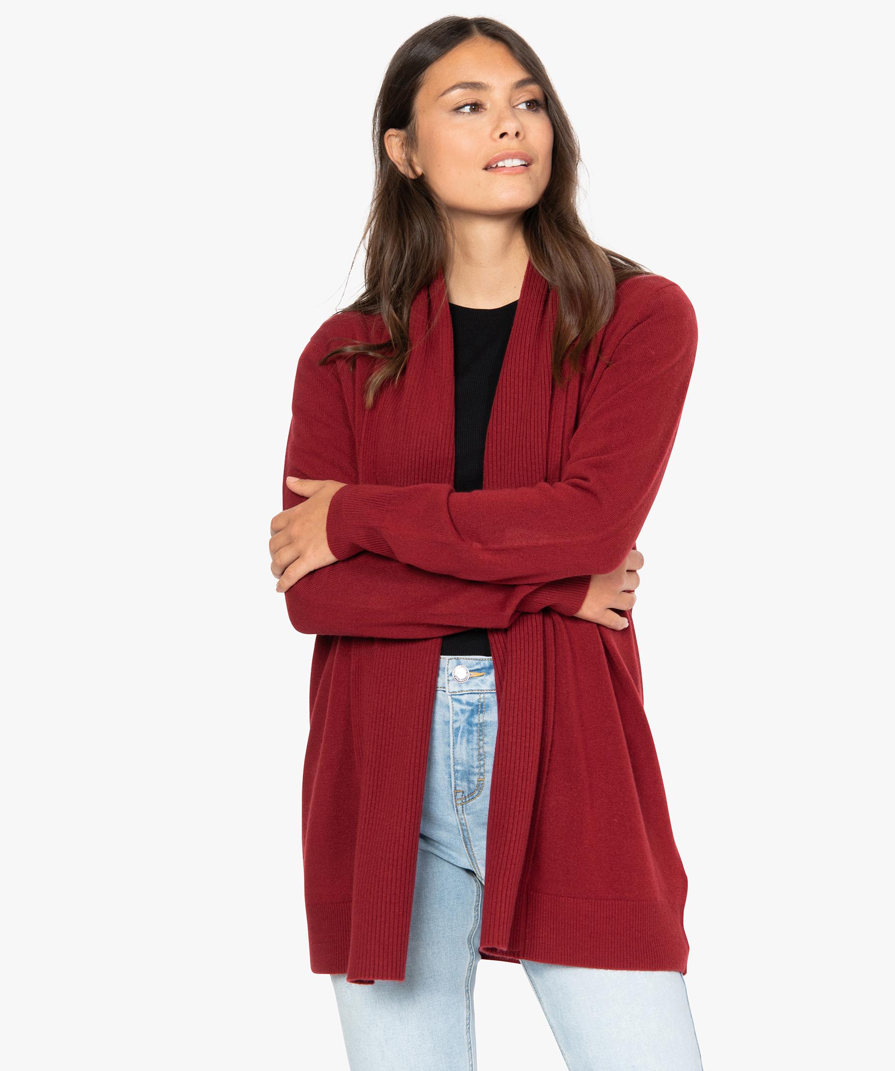 Gilet femme porte ouvert avec col chale cotele rouge fonce GEMO
