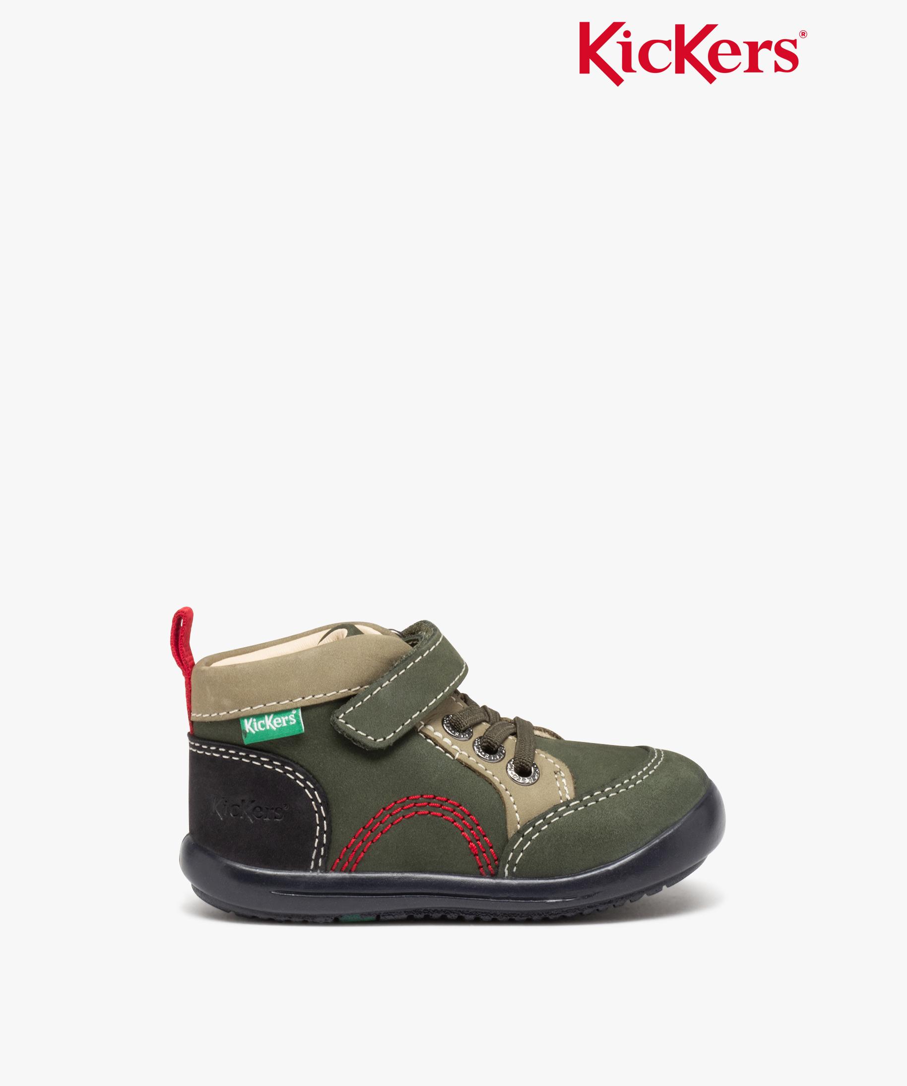 Chaussures premiers pas bebe garcon en cuir a lacets elastiques et a scratch Kickers