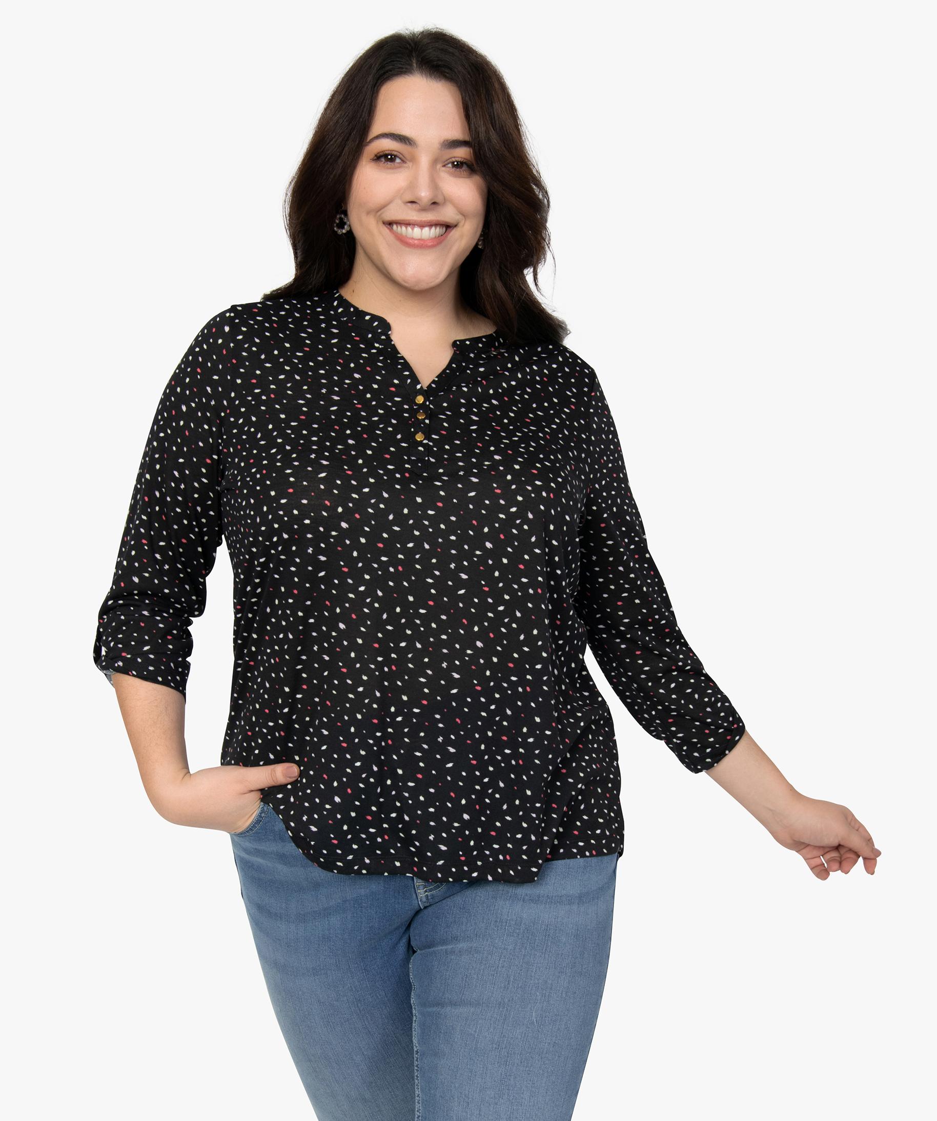 T-shirt Femme Grande Taille à Col En V - Manches 3/4 - Imprimé Floral Ou Uni - Coupe Oversize élégante