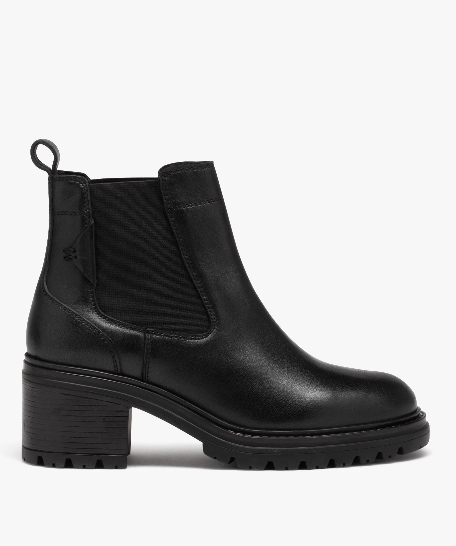 Boots femme a talon en cuir uni style Chelsea noir GEMO