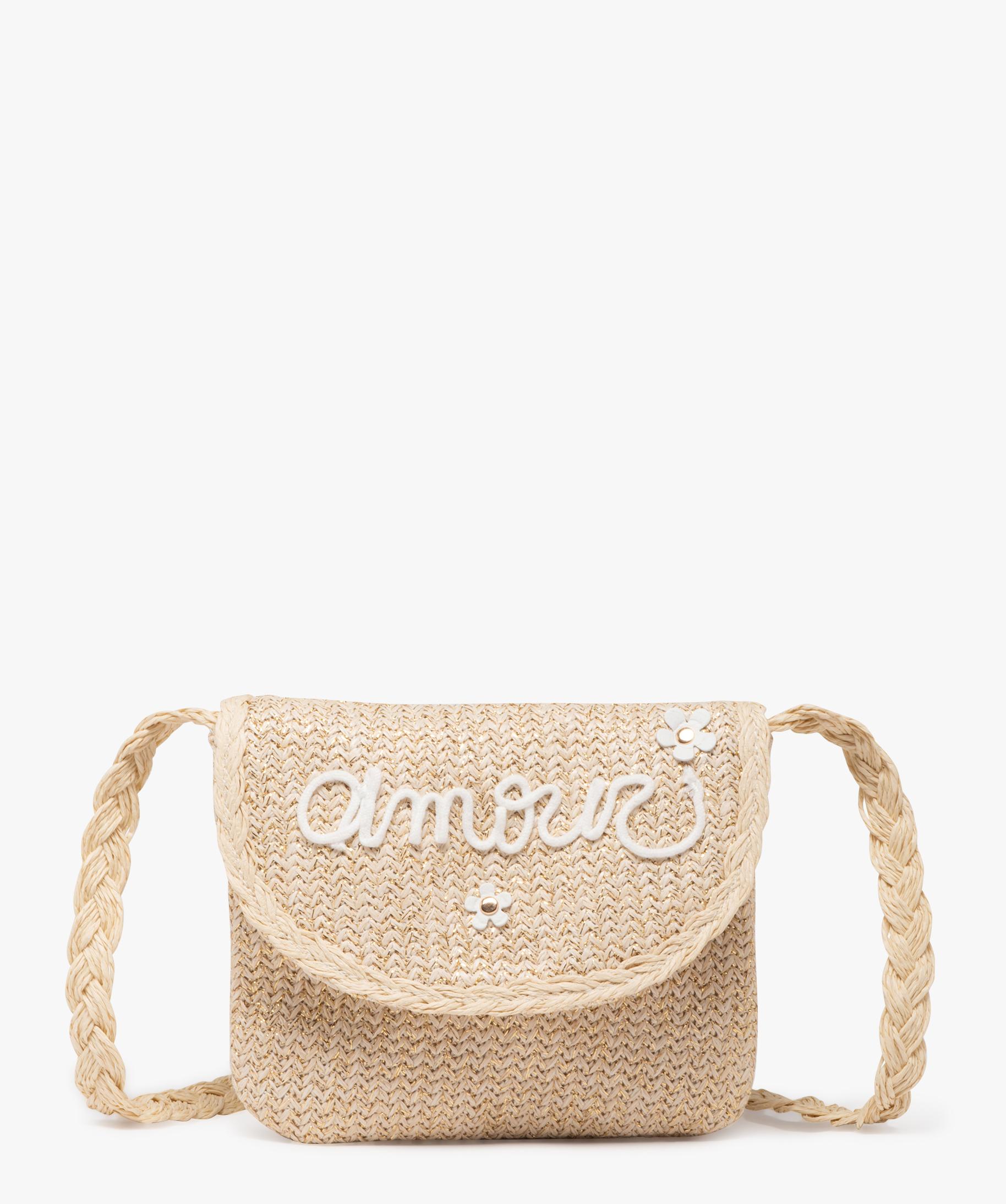 Sac à Main Boho Chic En Rafia Synthétique Noir - Poignées Bambou & Broderie Fleurs - Marque K Bas (Neuf Avec étiquettes)