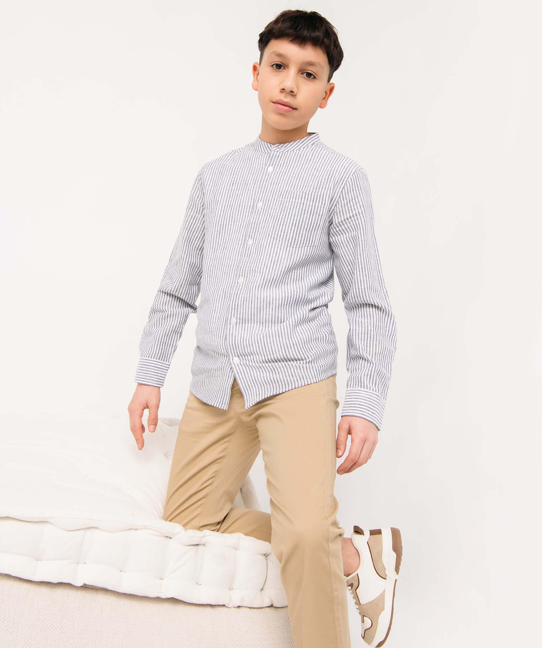 Ensemble Céremonie Chemise Col Mao Et Short Garçon Rayé Bleu