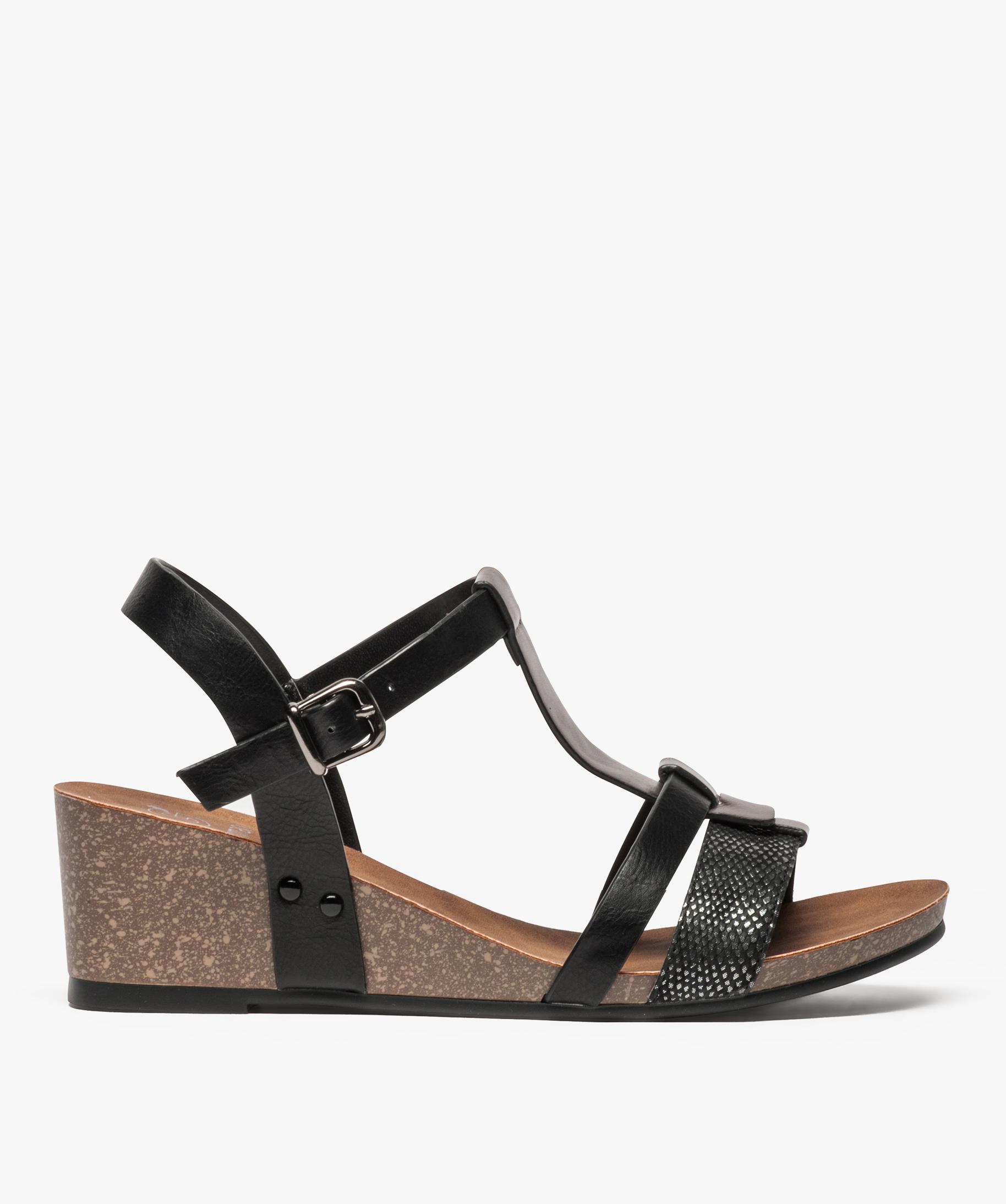 Sandales femme a talon compense aspect liege et brides br. noir GEMO