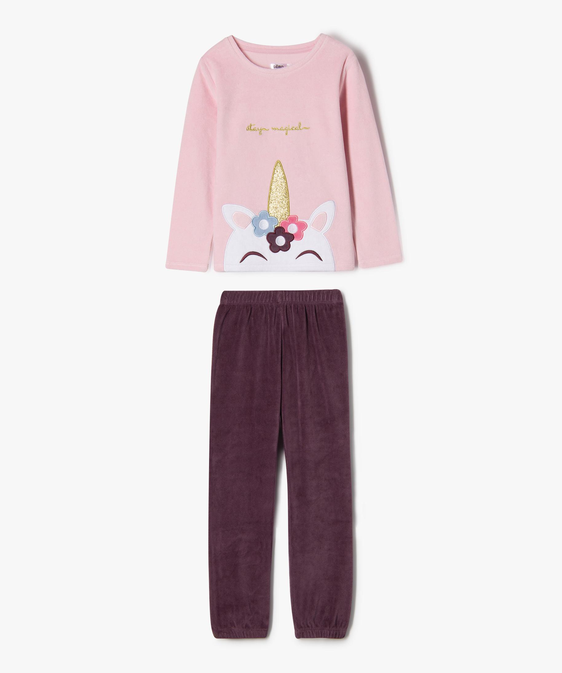 Pyjama en velours avec motif licorne fille rose GEMO