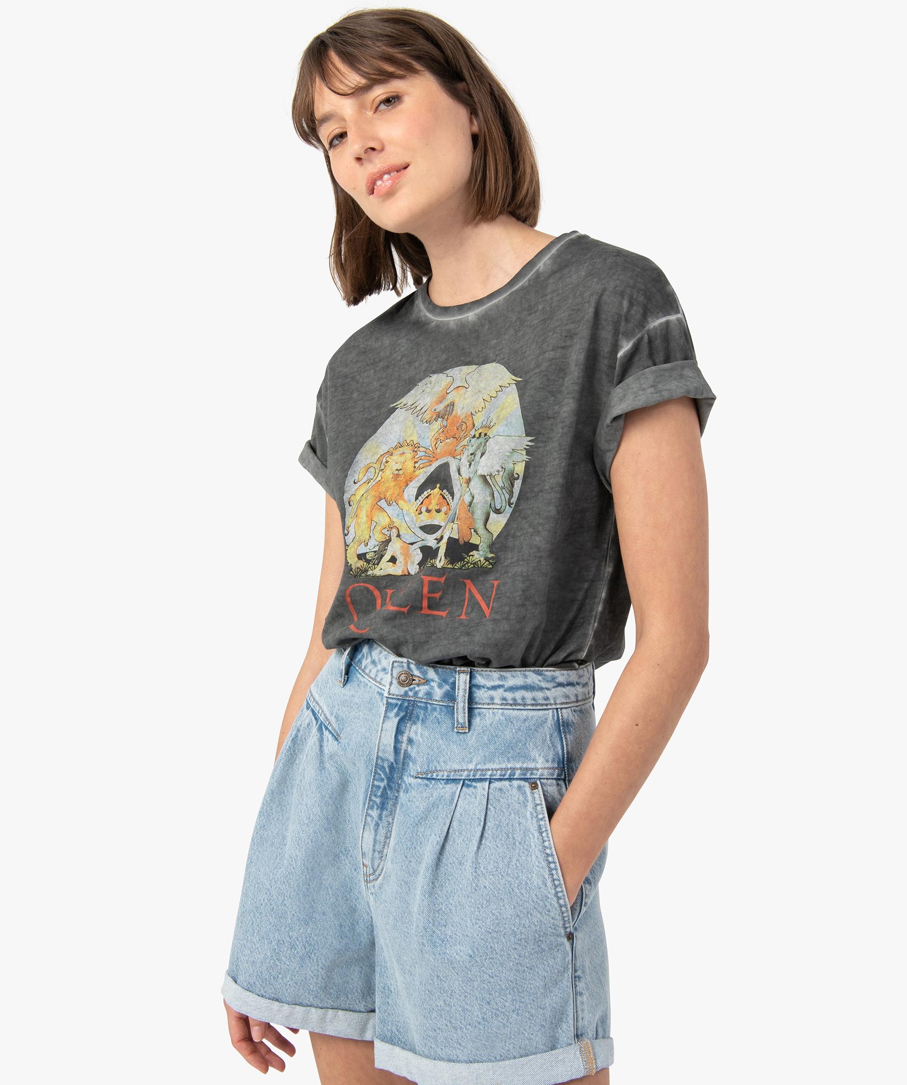 Tee shirt femme ample et court motif Queen gris GEMO