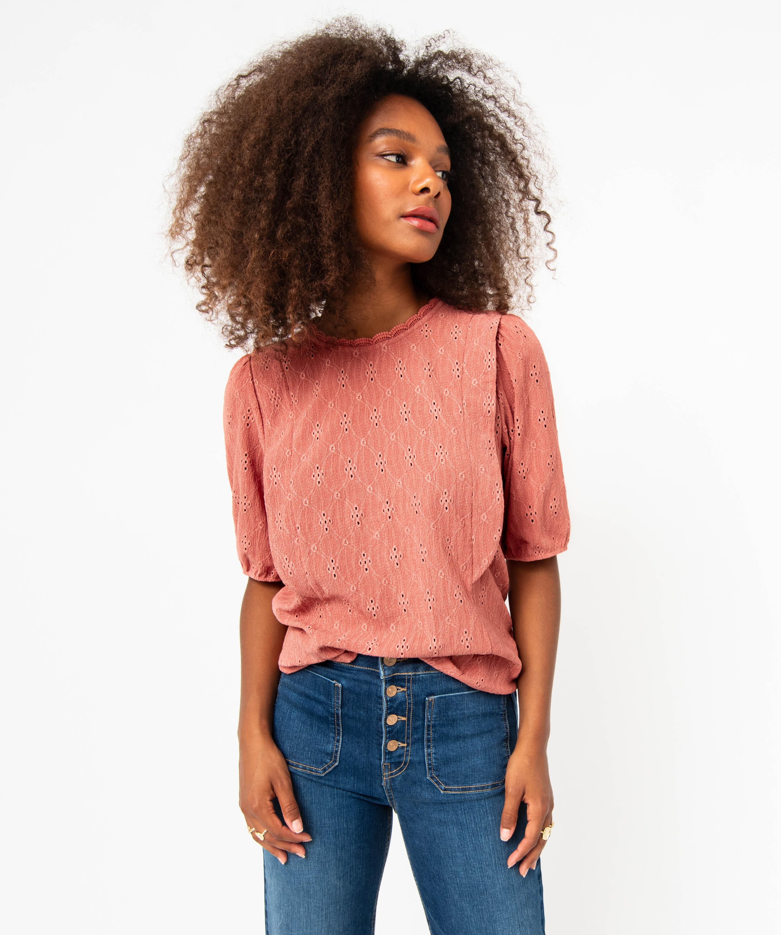 Haut Manches Courtes Brodé Rose Coton - Taille XXL - Marque Lady Mei - Neuf Lavé