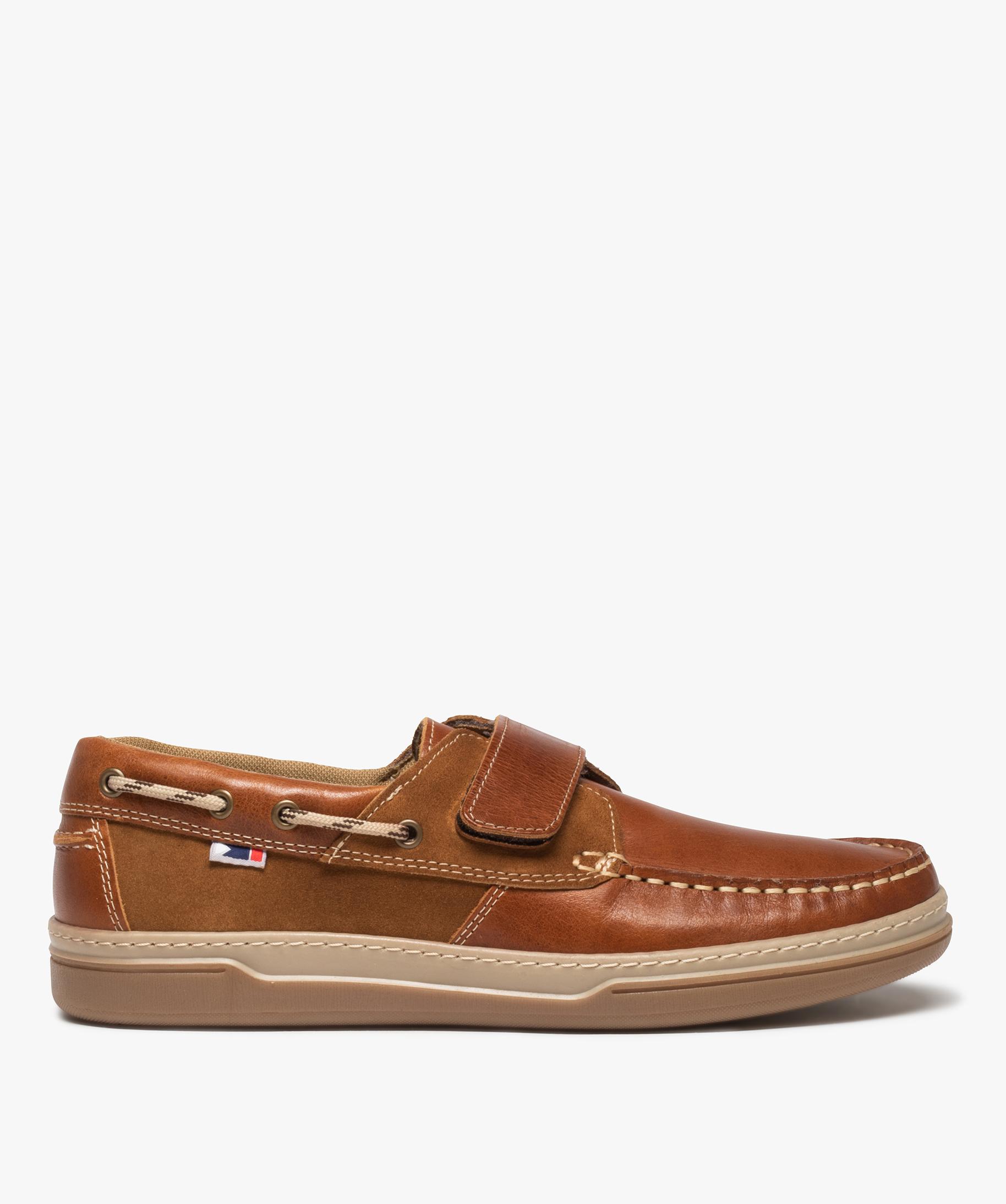 Chaussures bateau homme en cuir fermeture a scratch marron GEMO
