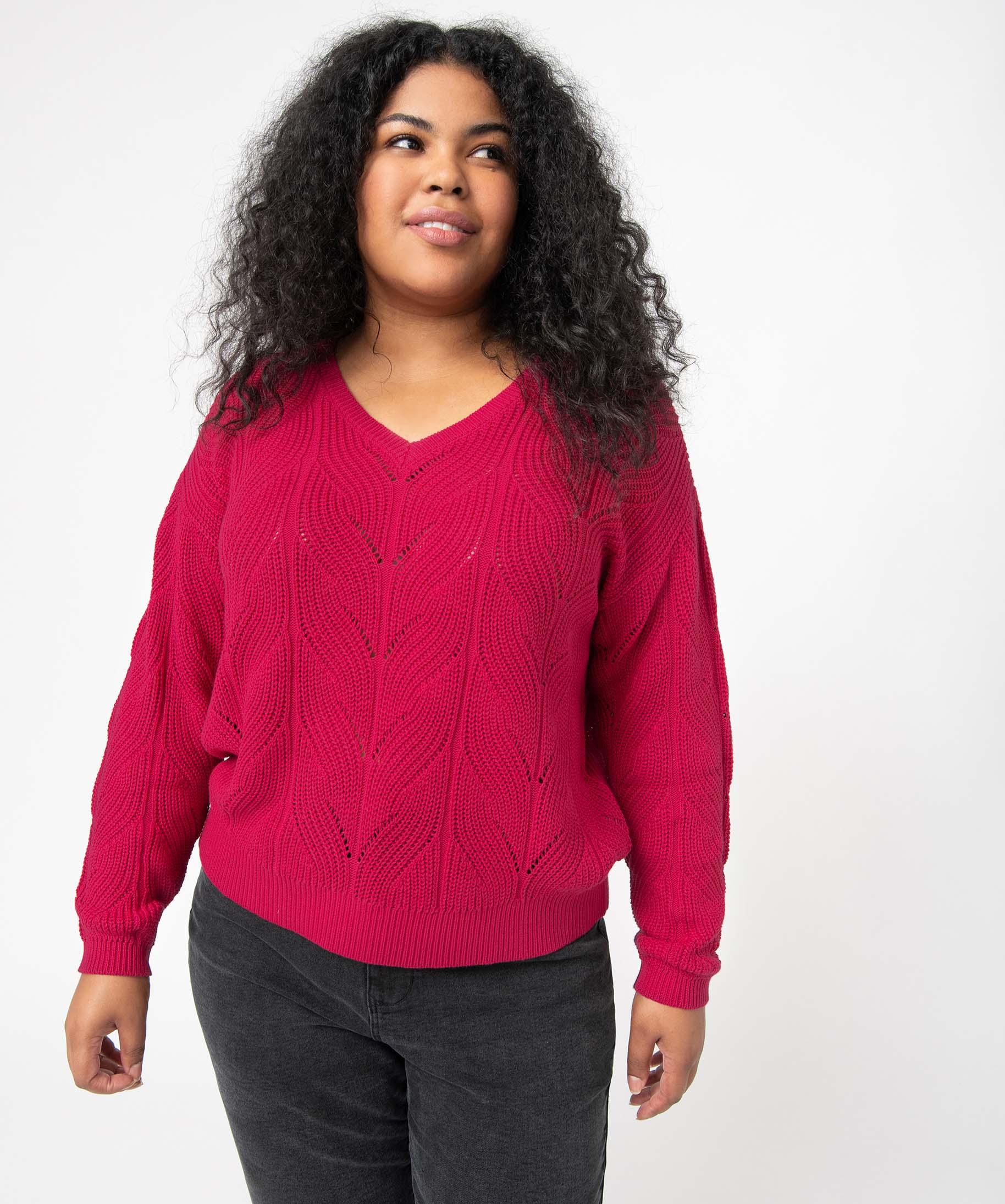 Pull femme grande taille en maille ajour?�e fantaisie et col V rose | GEMO
