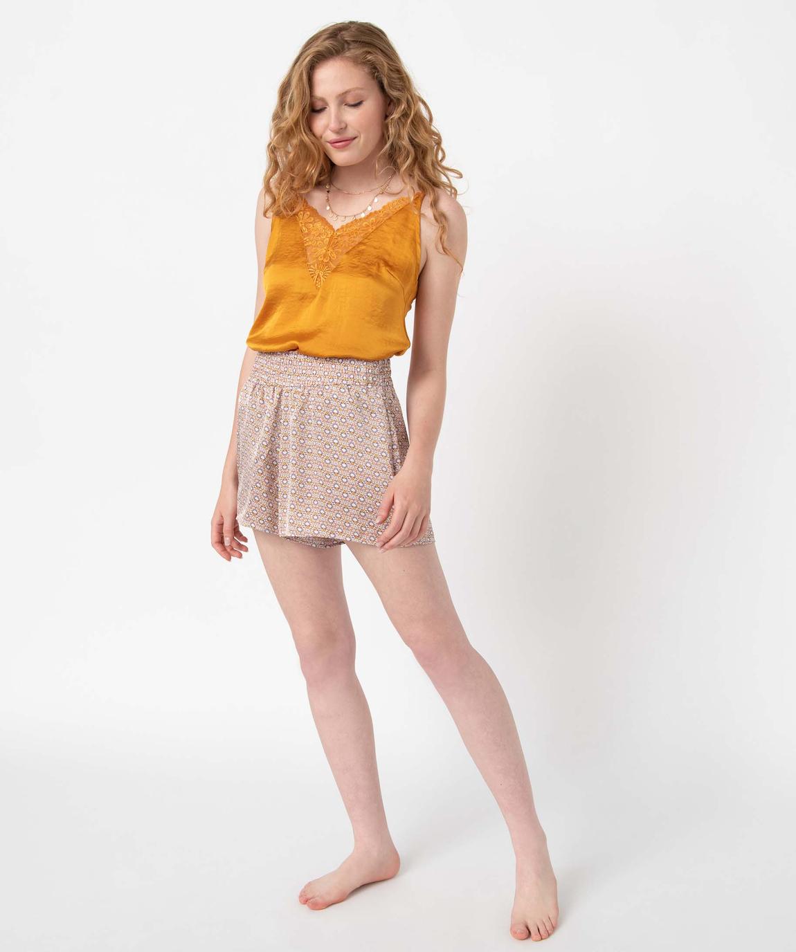 Débardeur Femme Willow Root Côtelé Jaune - Bretelles Larges, Bordure Dentelle Marron, Taille M, Occasion Très Bon état