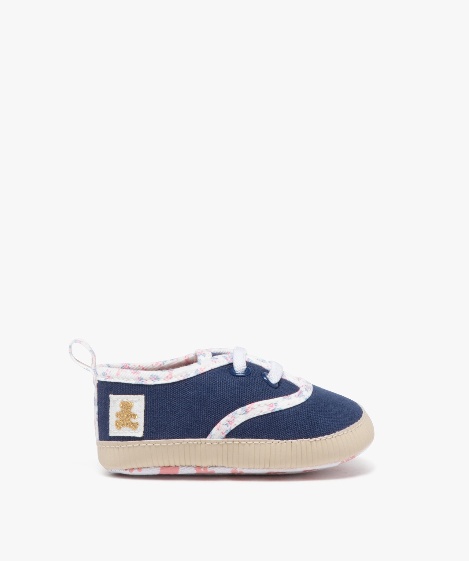 Chaussons de naissance en toile à liseré fleuri - LuluCastagnette - 3/6M - marine - LULUCASTAGNETTE