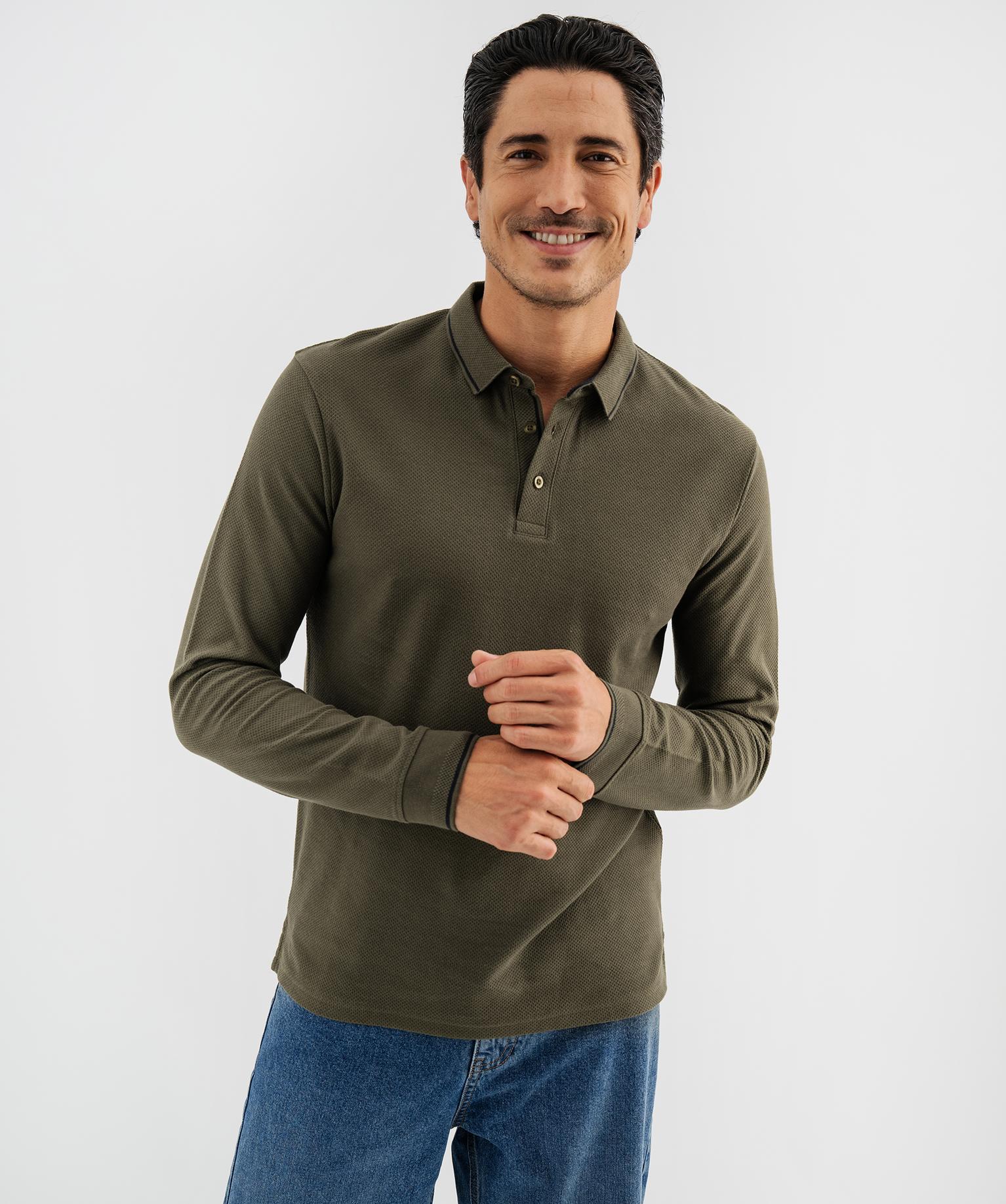Polo à manches longues en maille fantaisie homme - 46-48/XL - kaki standard - GEMO