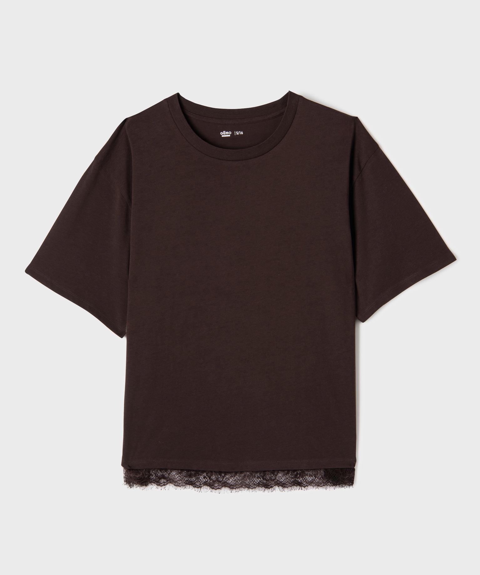 Tee-shirt manches courtes loose à finition dentelle fille - 18A/M - marron fonce - GEMO