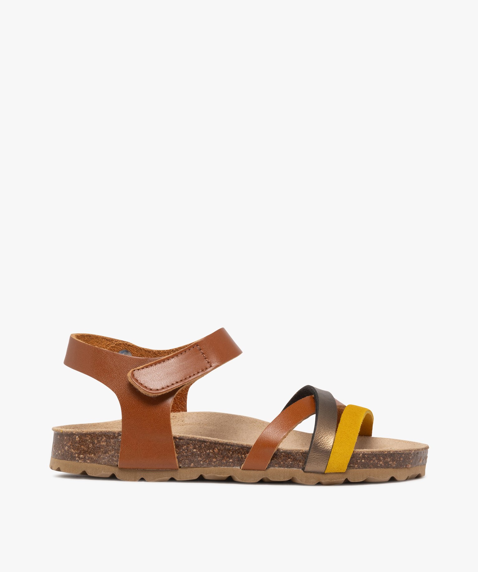 Sandales fille en cuir avec brides croisées contrastées et à scratch - 34 - camel - GEMO