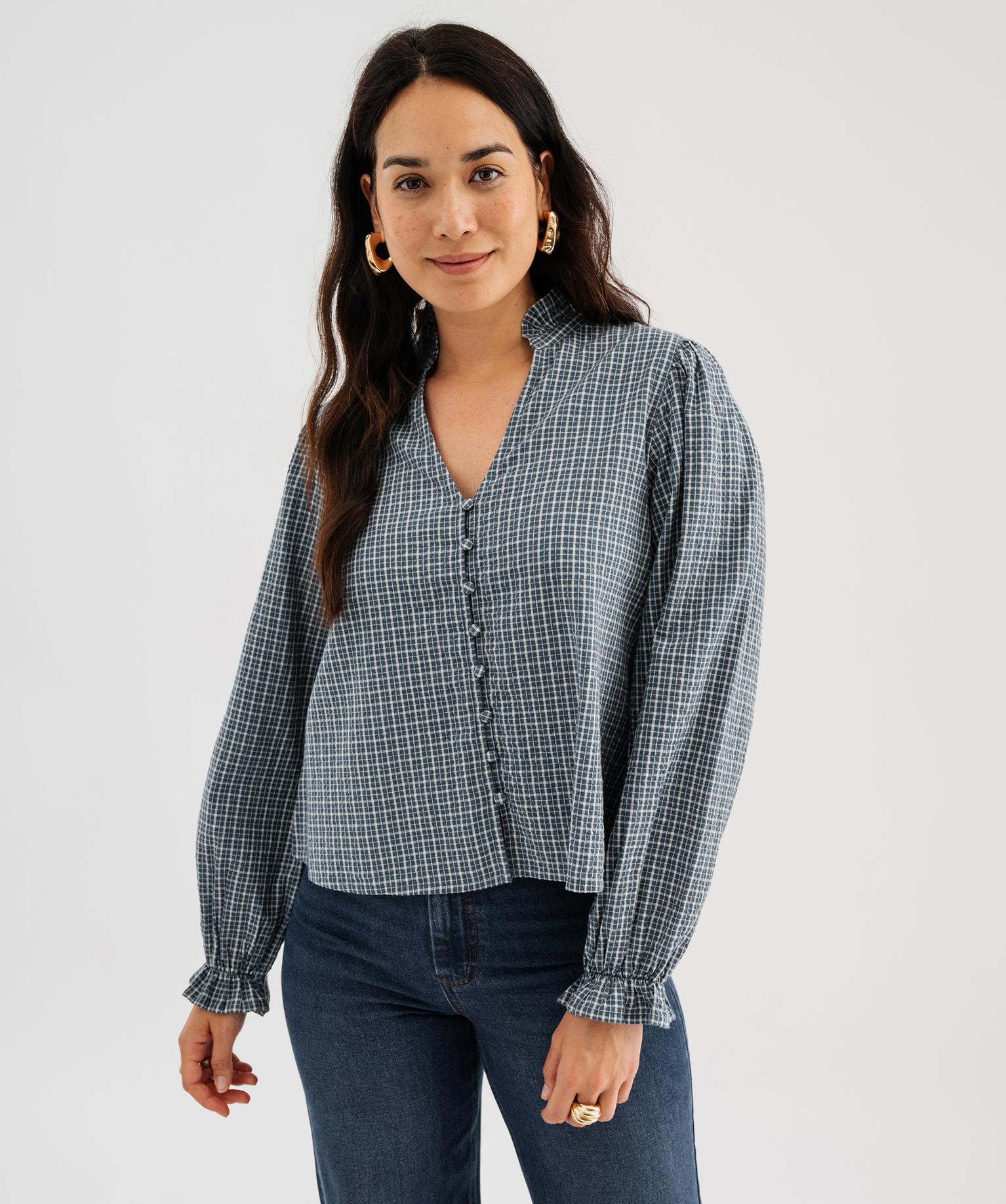 Chemise col V volanté et manches blousantes à carreaux femme - 46-48/XL - bleu - GEMO