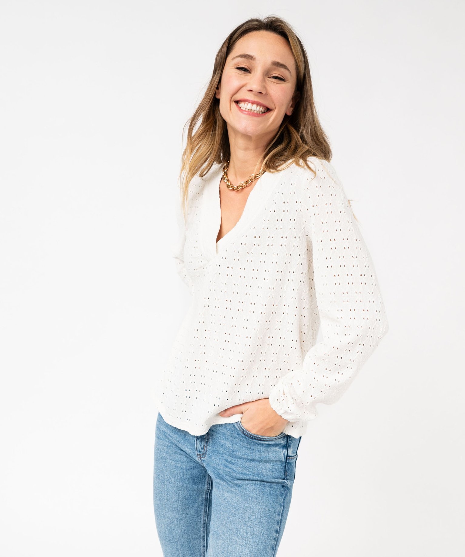 Tee-shirt à manches longues et col V en maille ajourée femme - XXL - ecru - GEMO
