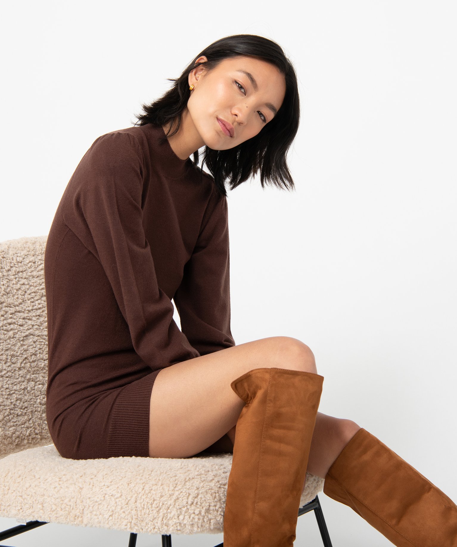 Robe pull femme en maille à manches longues et col montant - S - marron - GEMO