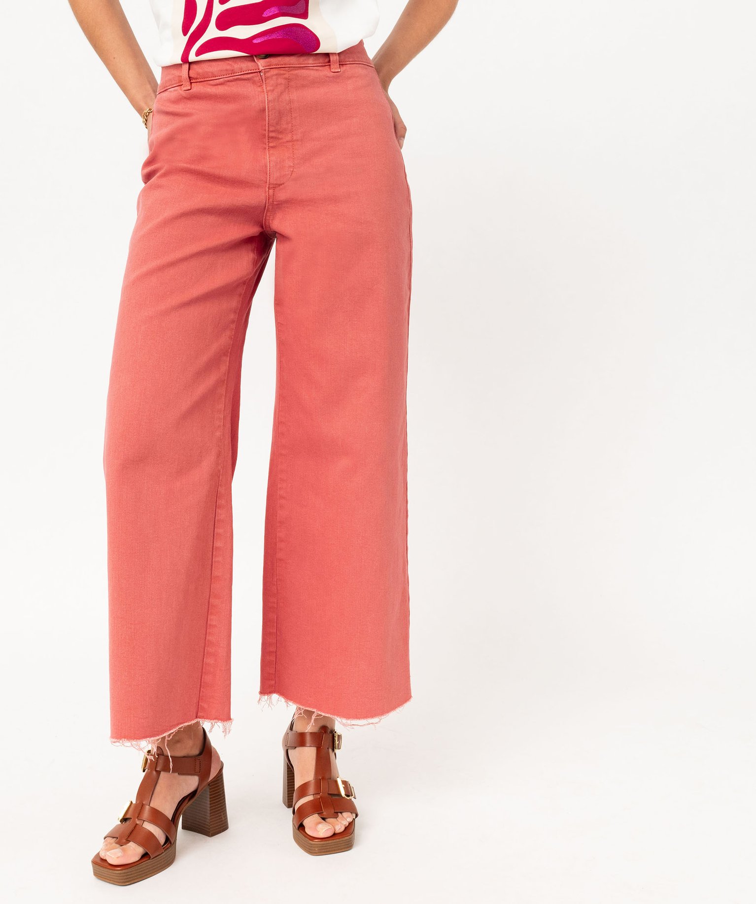Pantacourt en jean cropped wide leg coloré femme - 42 - rose - GEMO