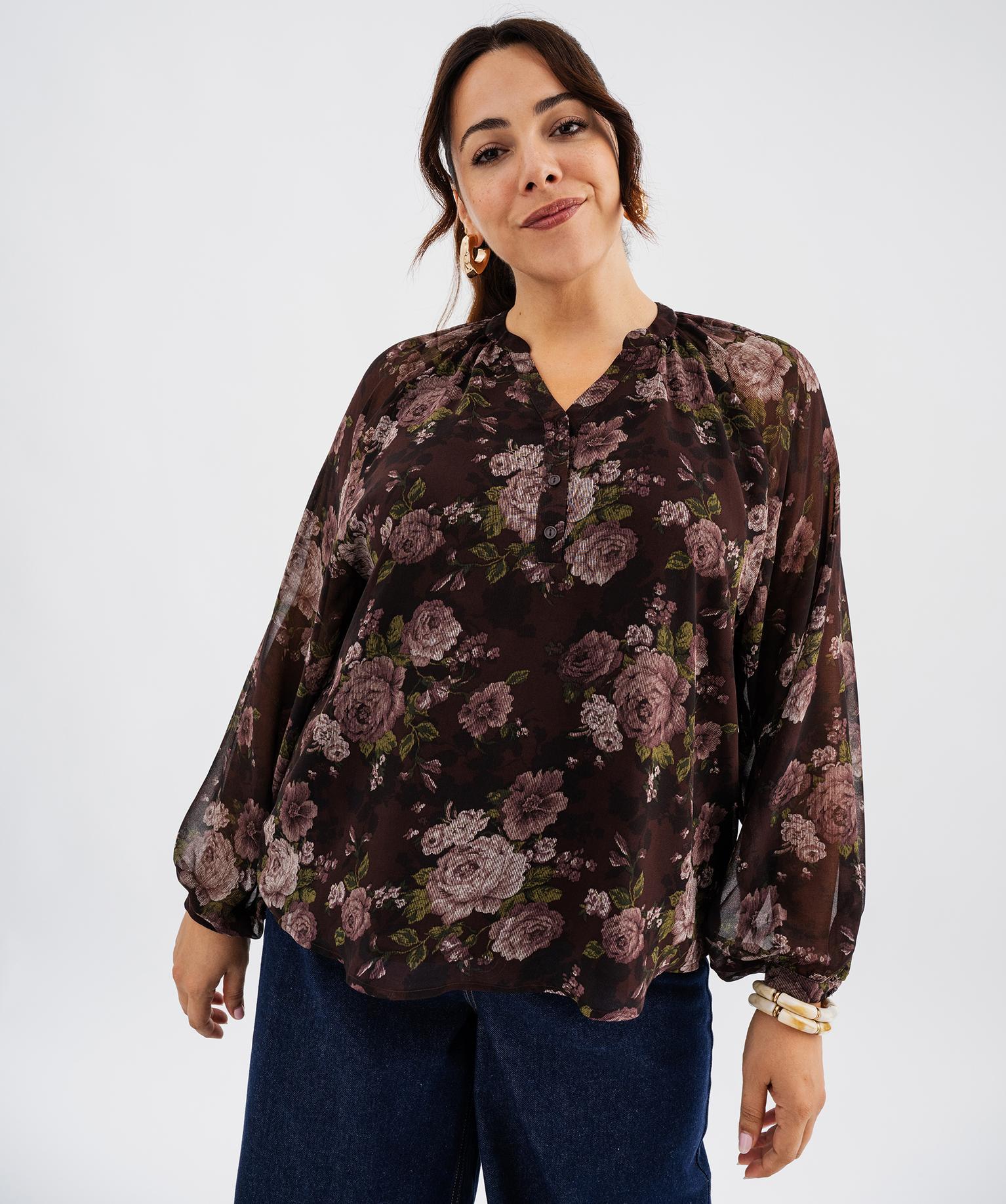 Blouse fluide manches longues femme grande taille - 46-48/XL - marron fonce - GEMO