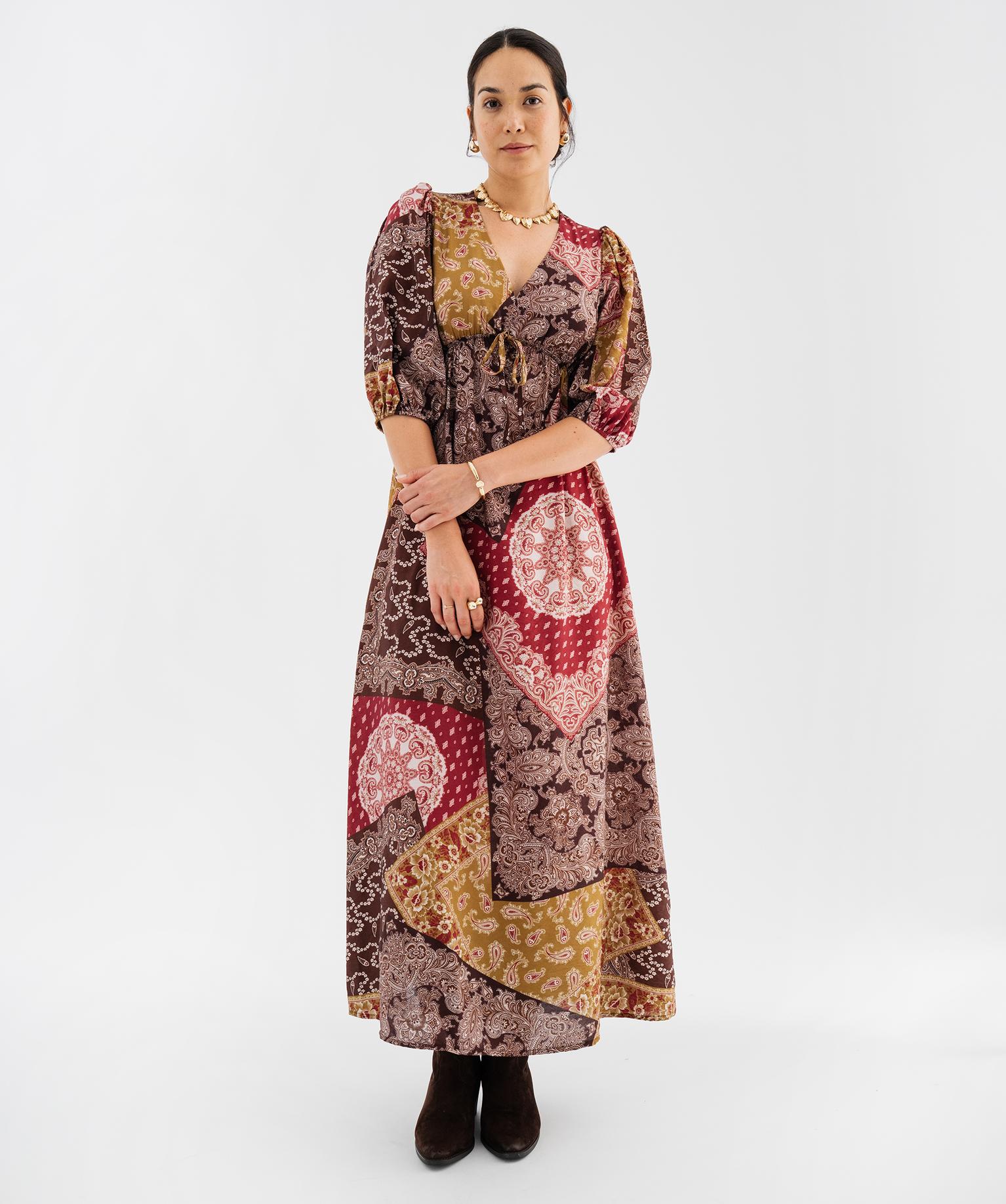 Robe longue col V femme - 38-40/M - rouge chine - GEMO