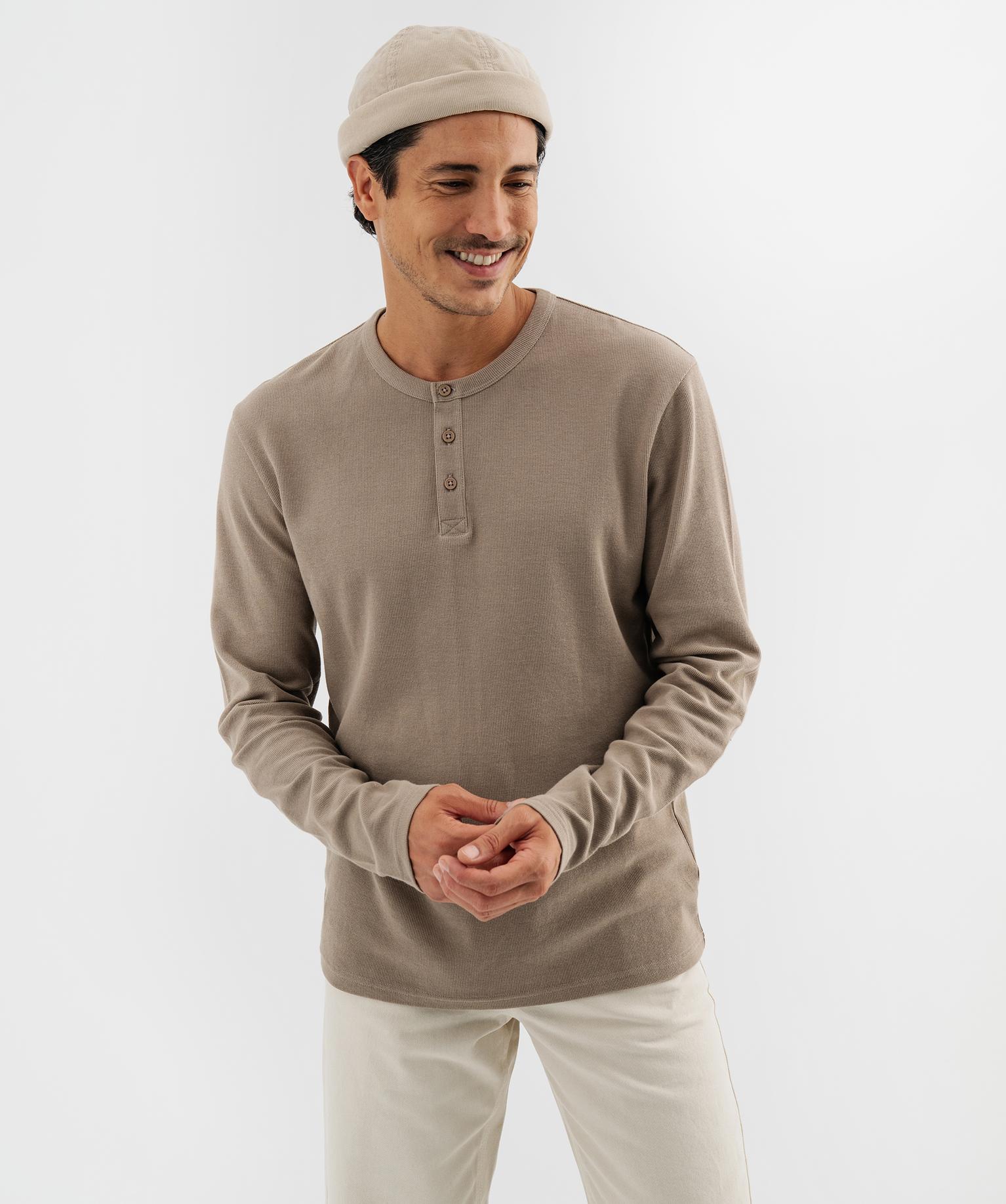 Tee-shirt manches longues avec col tunisien homme - 50-52/XXL - beige taupe - GEMO