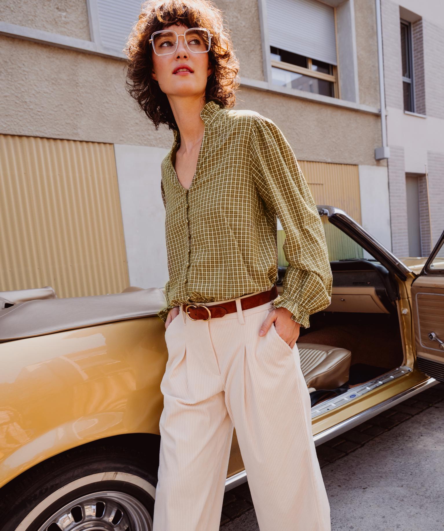 Chemise col V volanté et manches blousantes à carreaux femme - 36/S - vert - GEMO