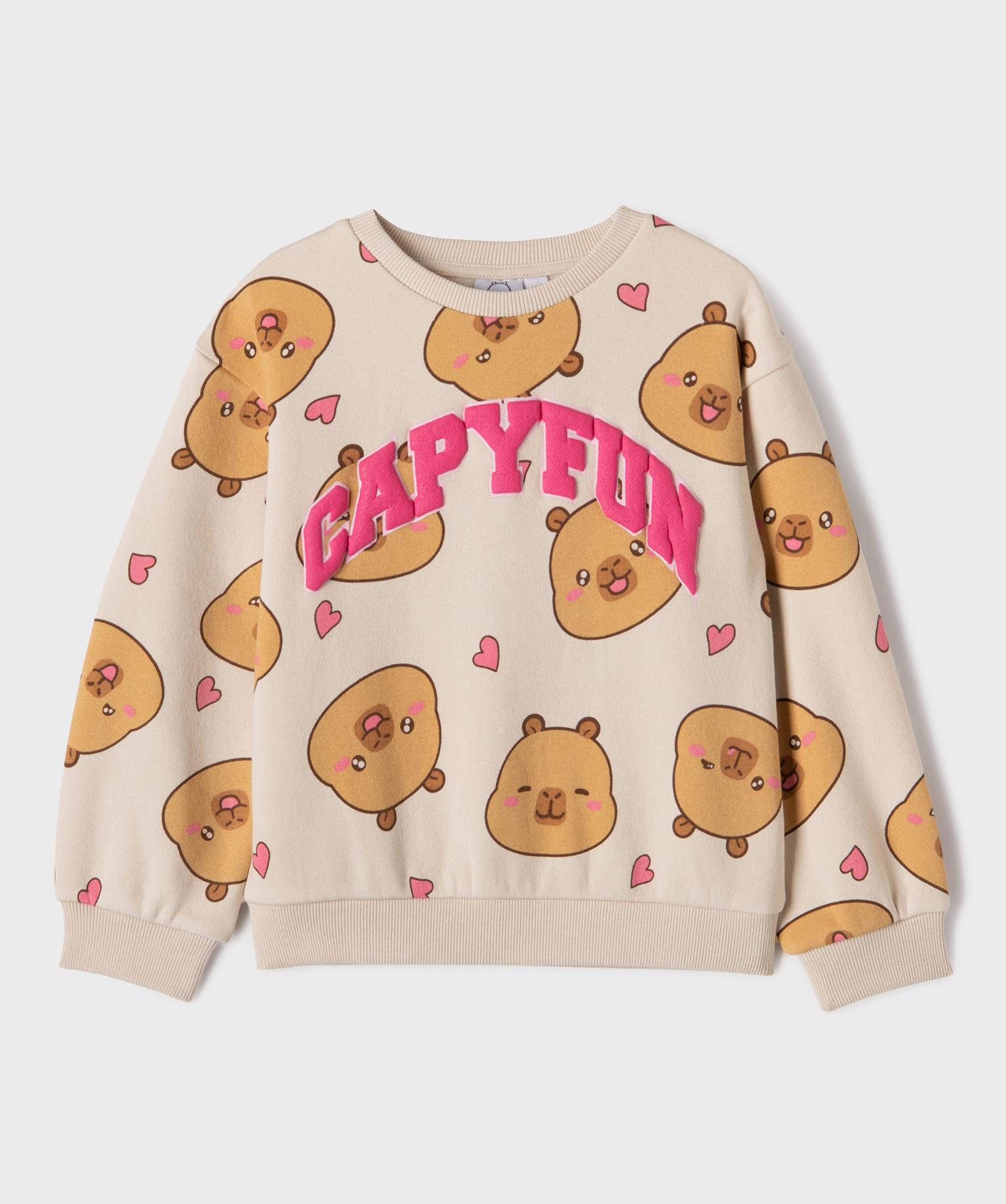 Sweat à motifs capybaras fille - Capyfun - 5A - beige - CAPYFUN