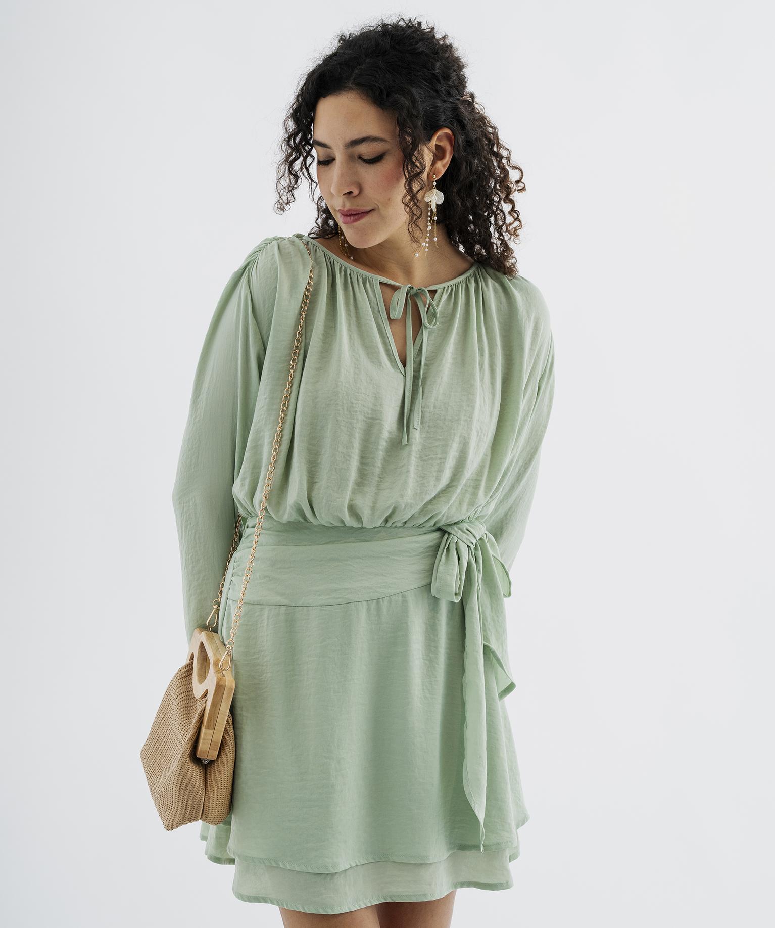 Robe courte à manches longues en satin femme - 34 - vert clair - GEMO