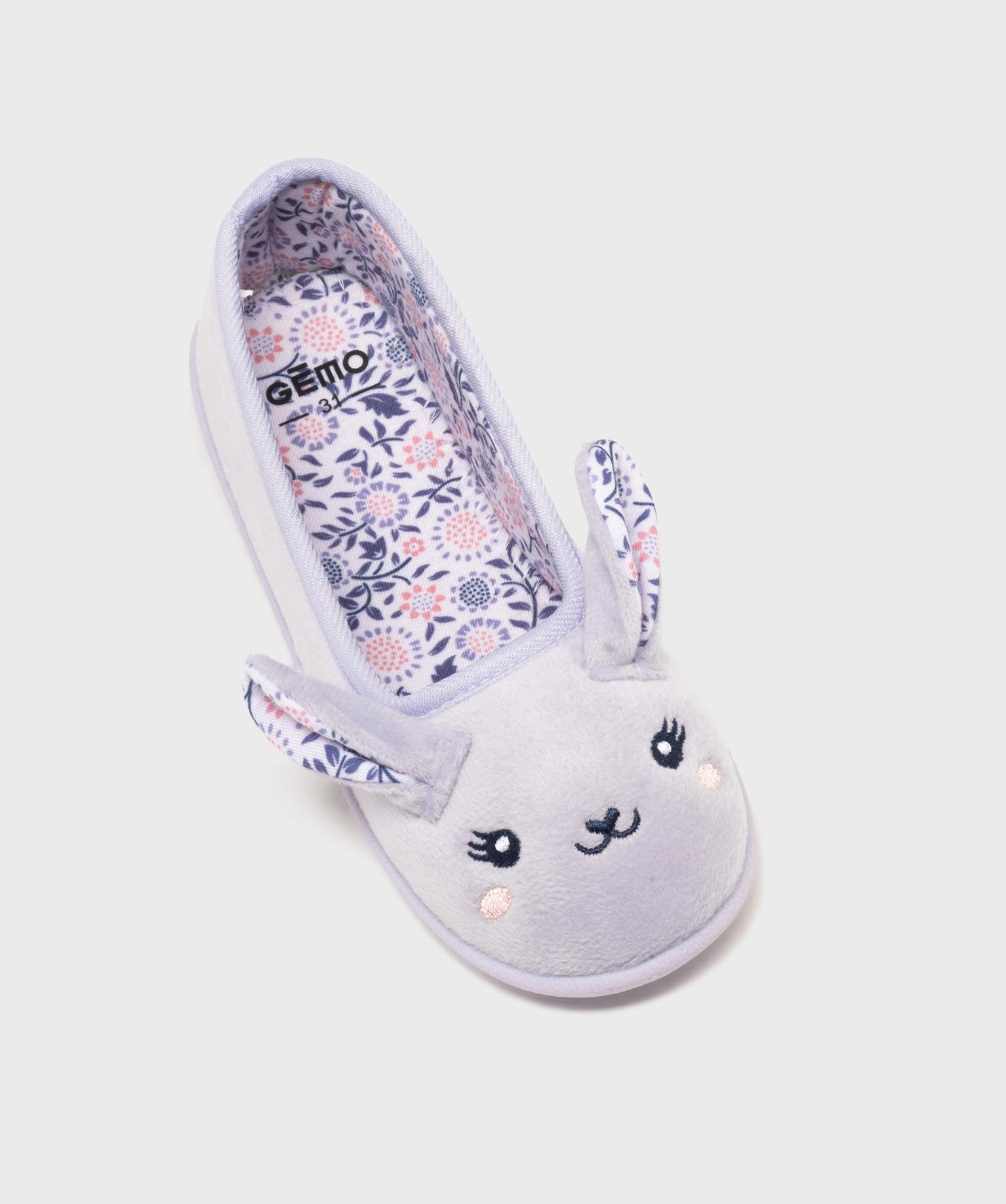 Chaussons ballerines en velours imprimé lapin en relief fille - GEMO