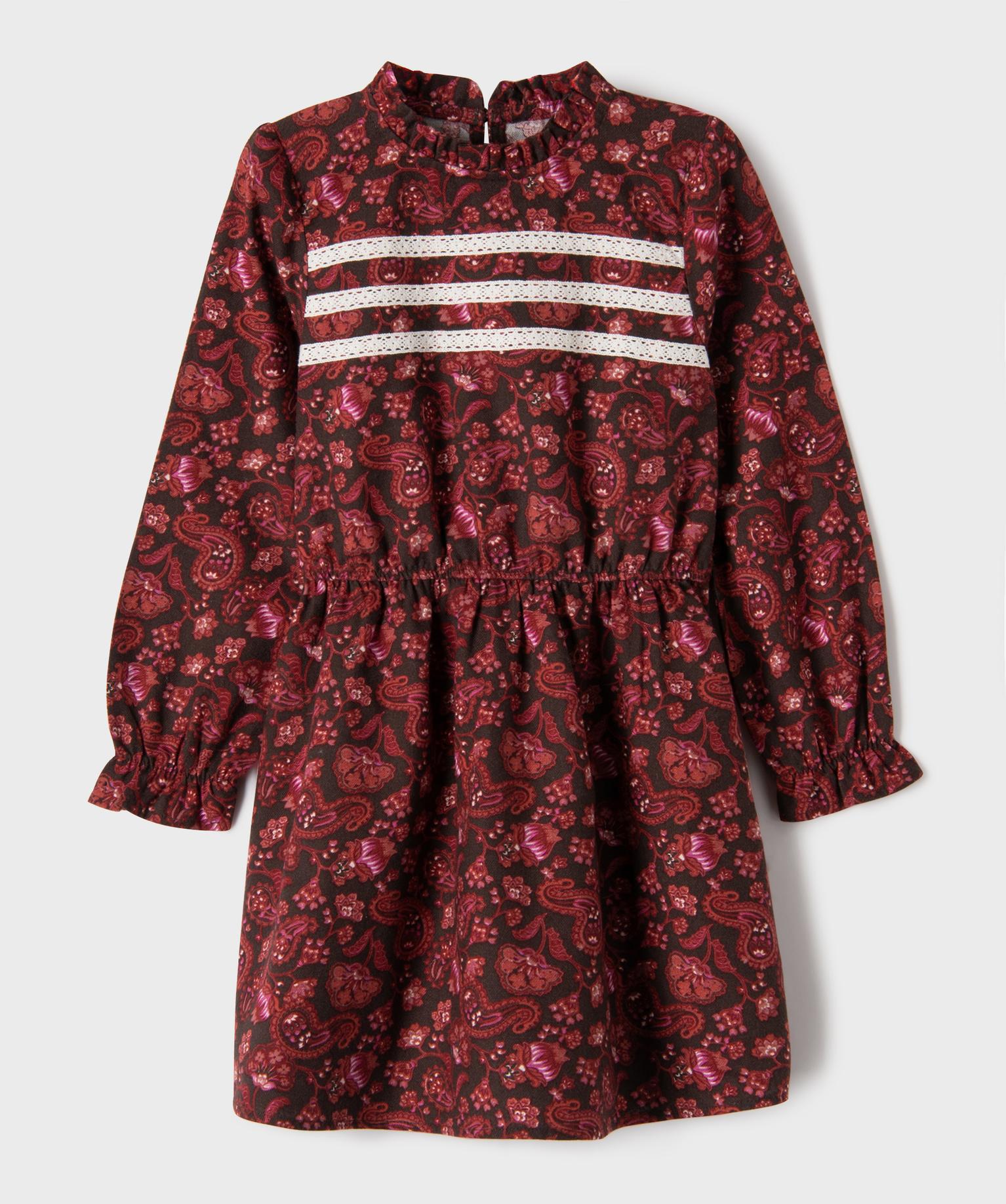Robe manches longues imprimée cachemire et dentelle fille - 5A - marron - GEMO