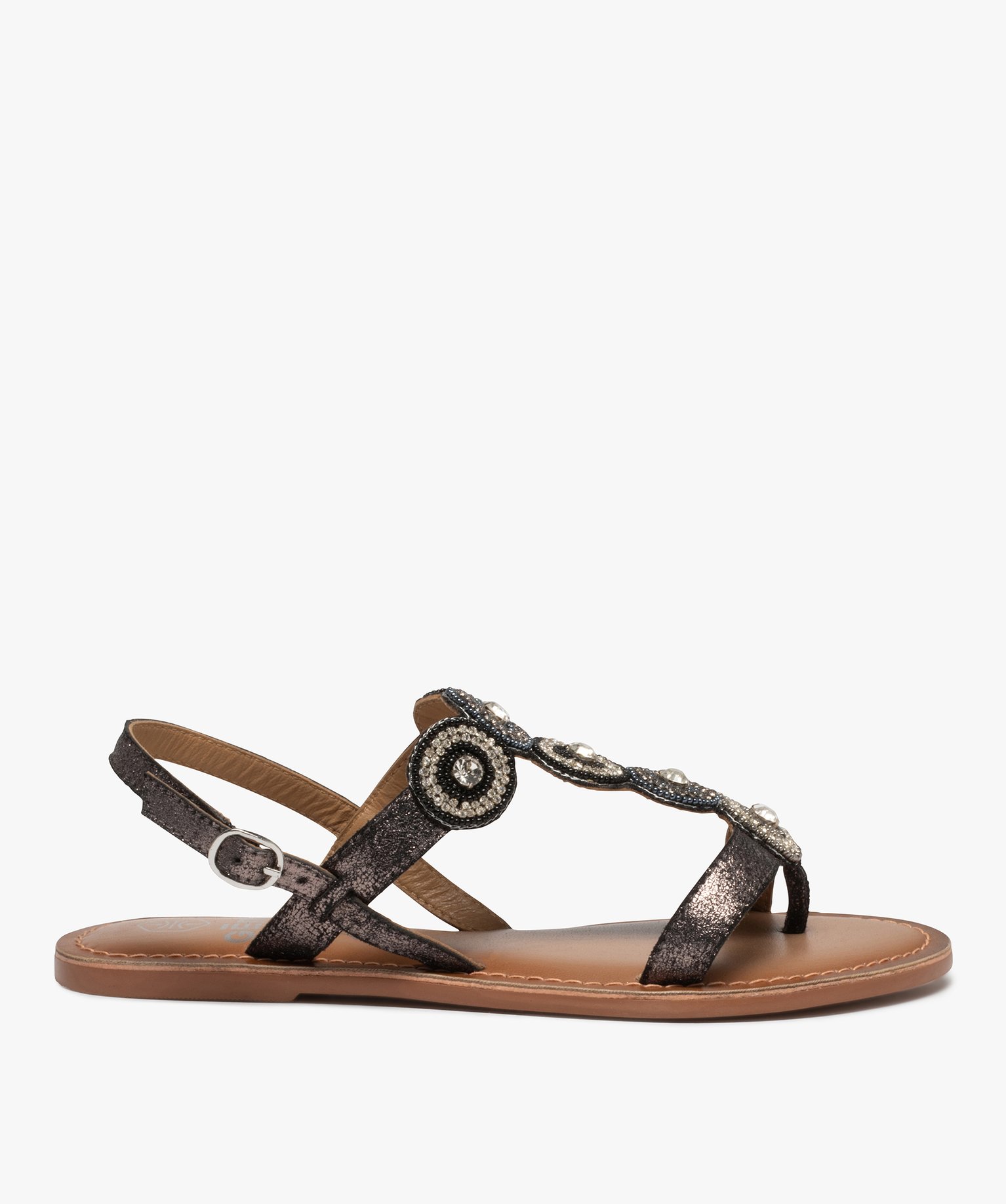 Sandales femme à talon plat et brides ornées de strass - 38 - noir - GEMO