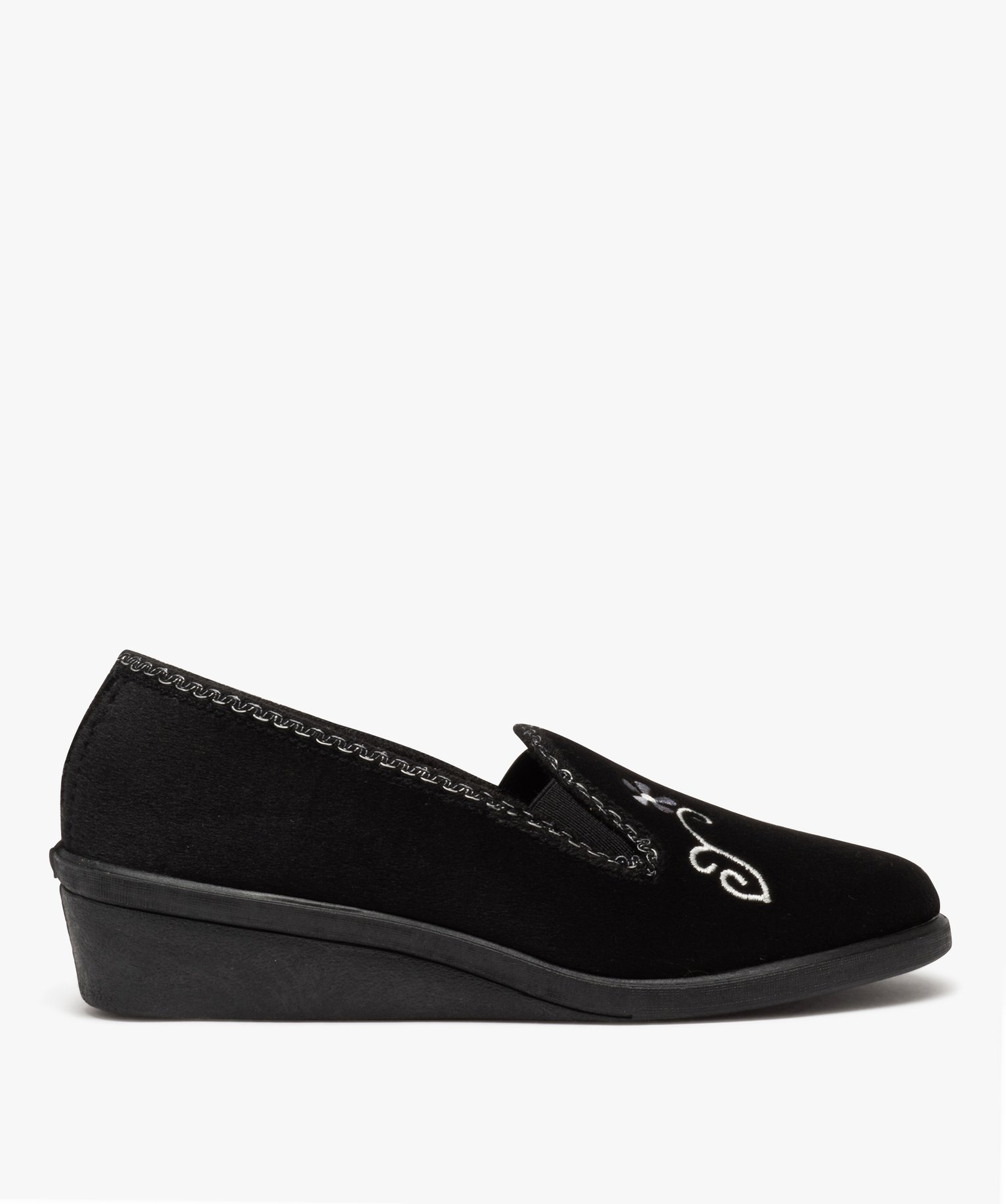 Chaussons femme pantoufles compensées en velours brodé - 40 - noir - G'FLEX