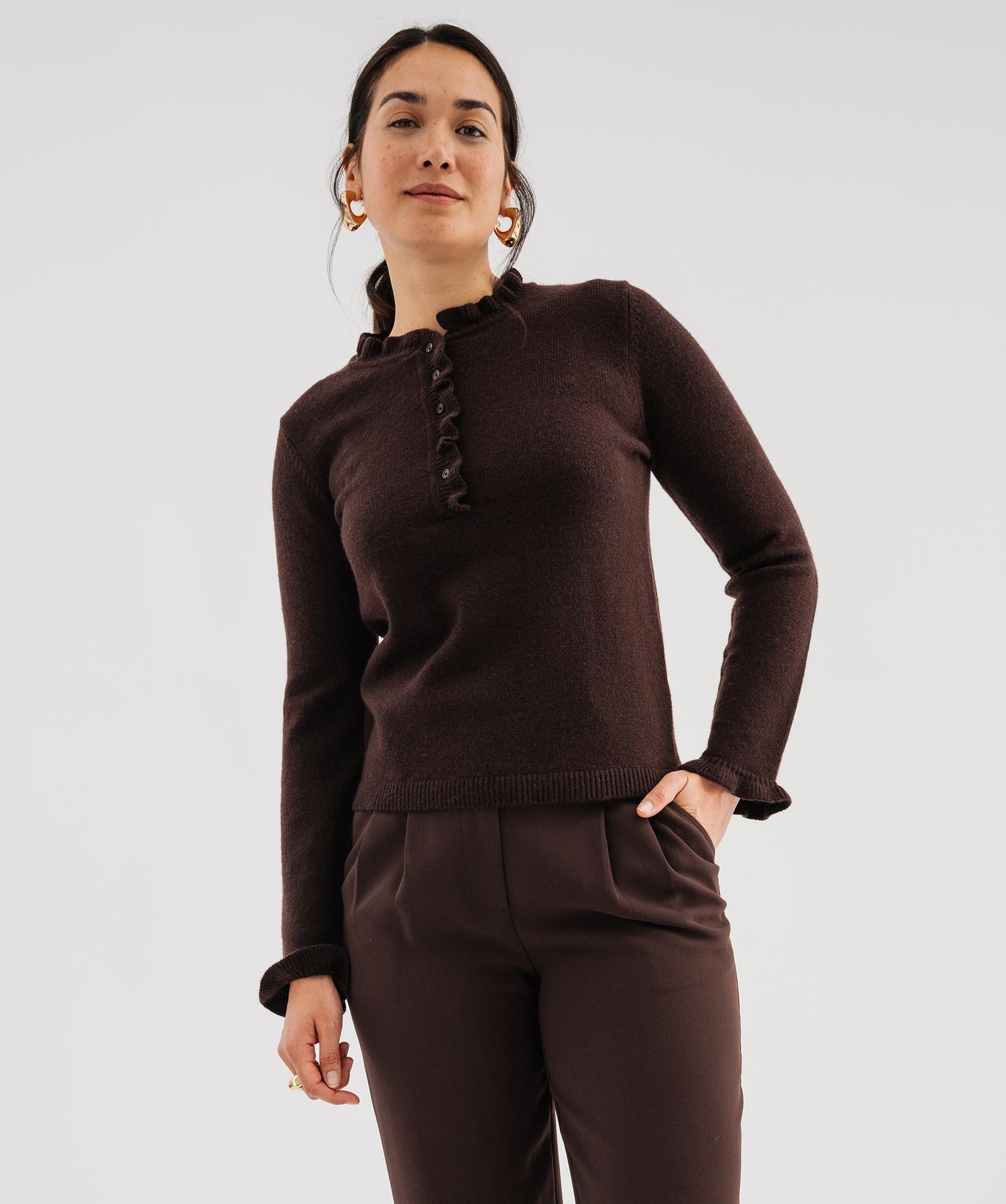 Pull droit à col victorien et finition roulottée femme - 42-44/L - marron fonce - GEMO