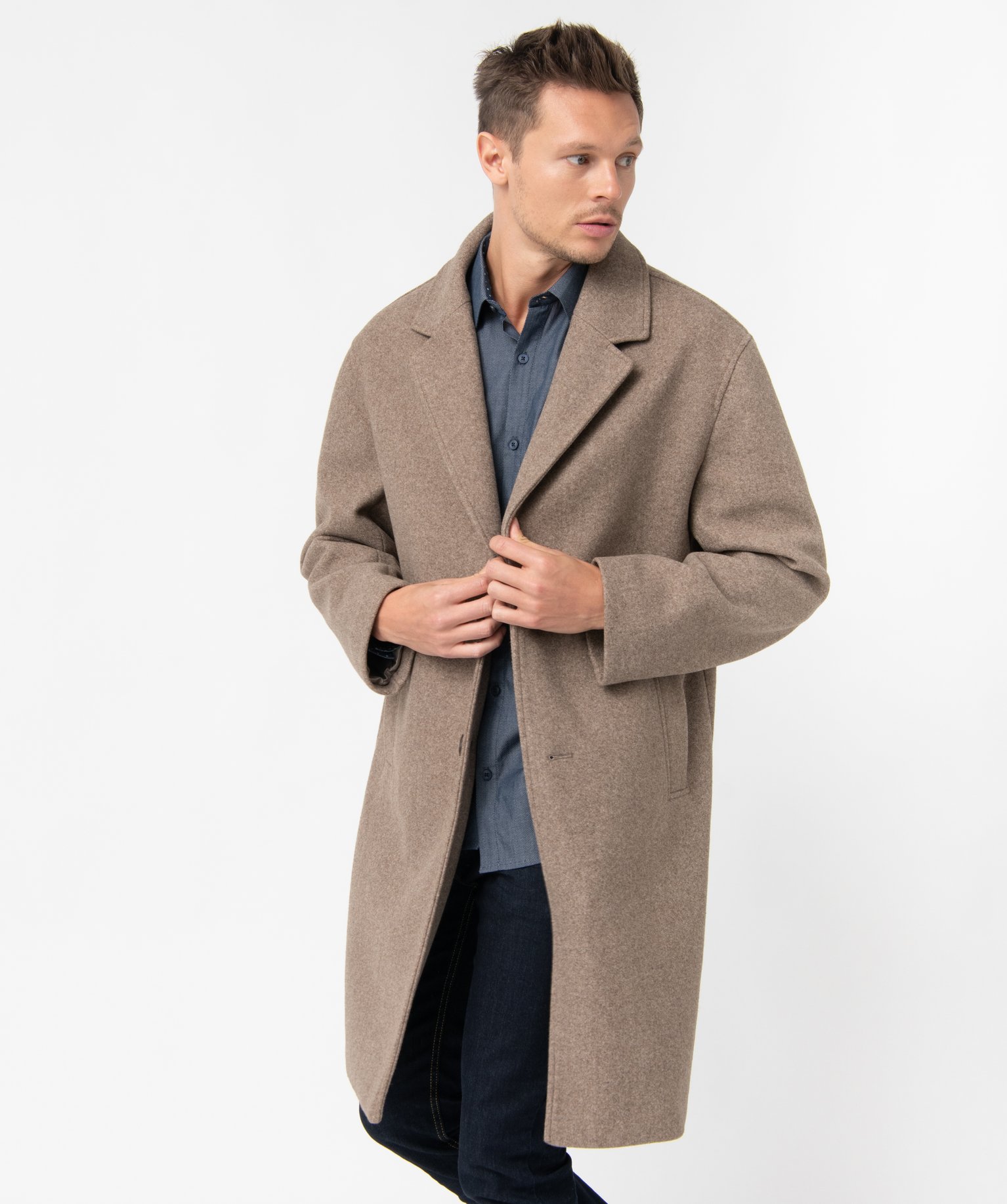 Manteau En Laine Homme Longueur Moyenne - Taille Grande, Pour Hiver Et Extérieur - Style Décontracté, Entretien Facile